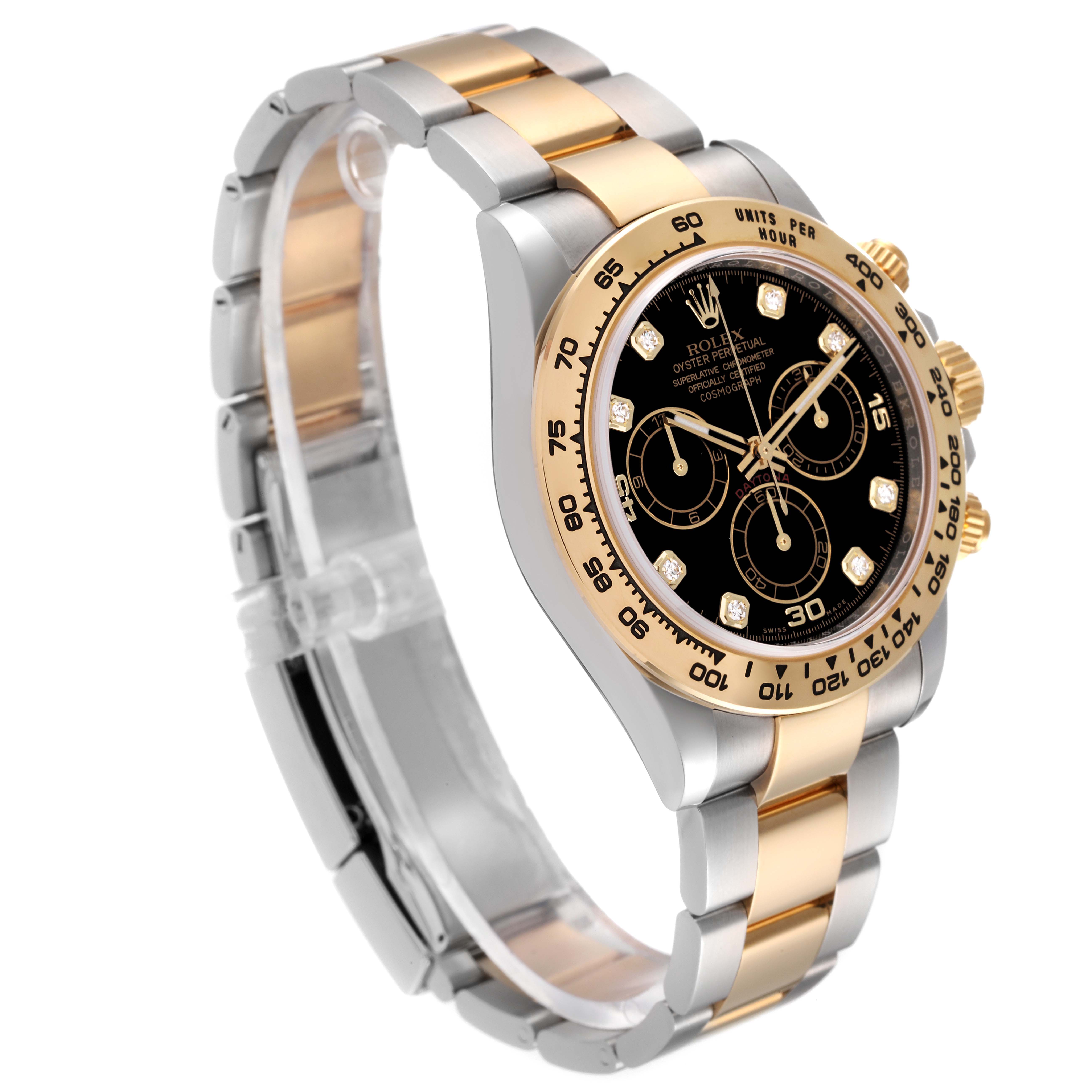 The image shows a Rolex Daytona 116503 Men's Steel and Gold (two tone) Black Dial 116503 Men's Steel and Gold (two tone) Black Dial watch angled to display its face, bezel, and two-tone metal band.
