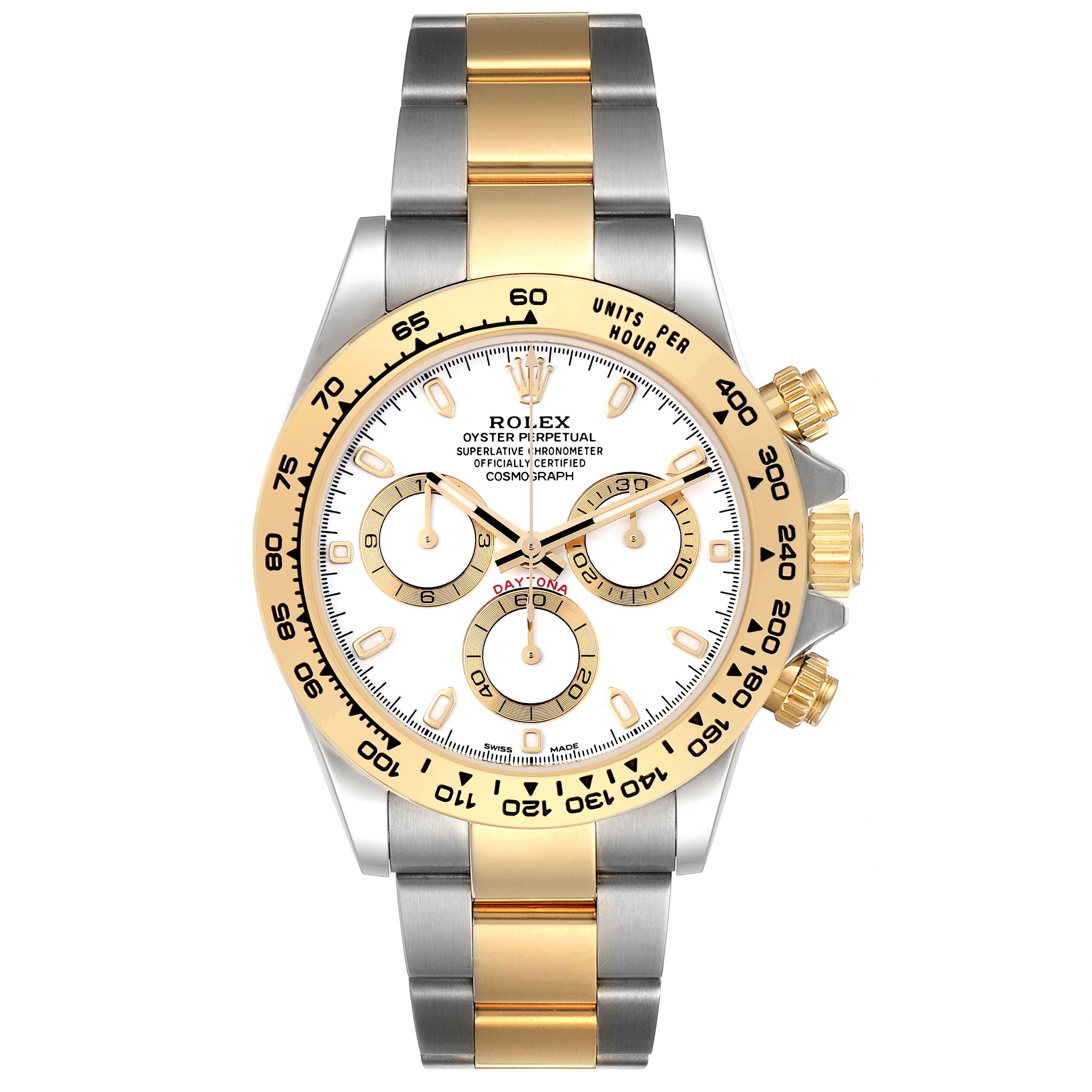 This image shows a front view of the Rolex Daytona 116503 Men
s Steel and Gold (two tone) White Dial 116503 Men
s Steel and Gold (two tone) White Dial watch, highlighting the dial, bezel, and two-tone bracelet.