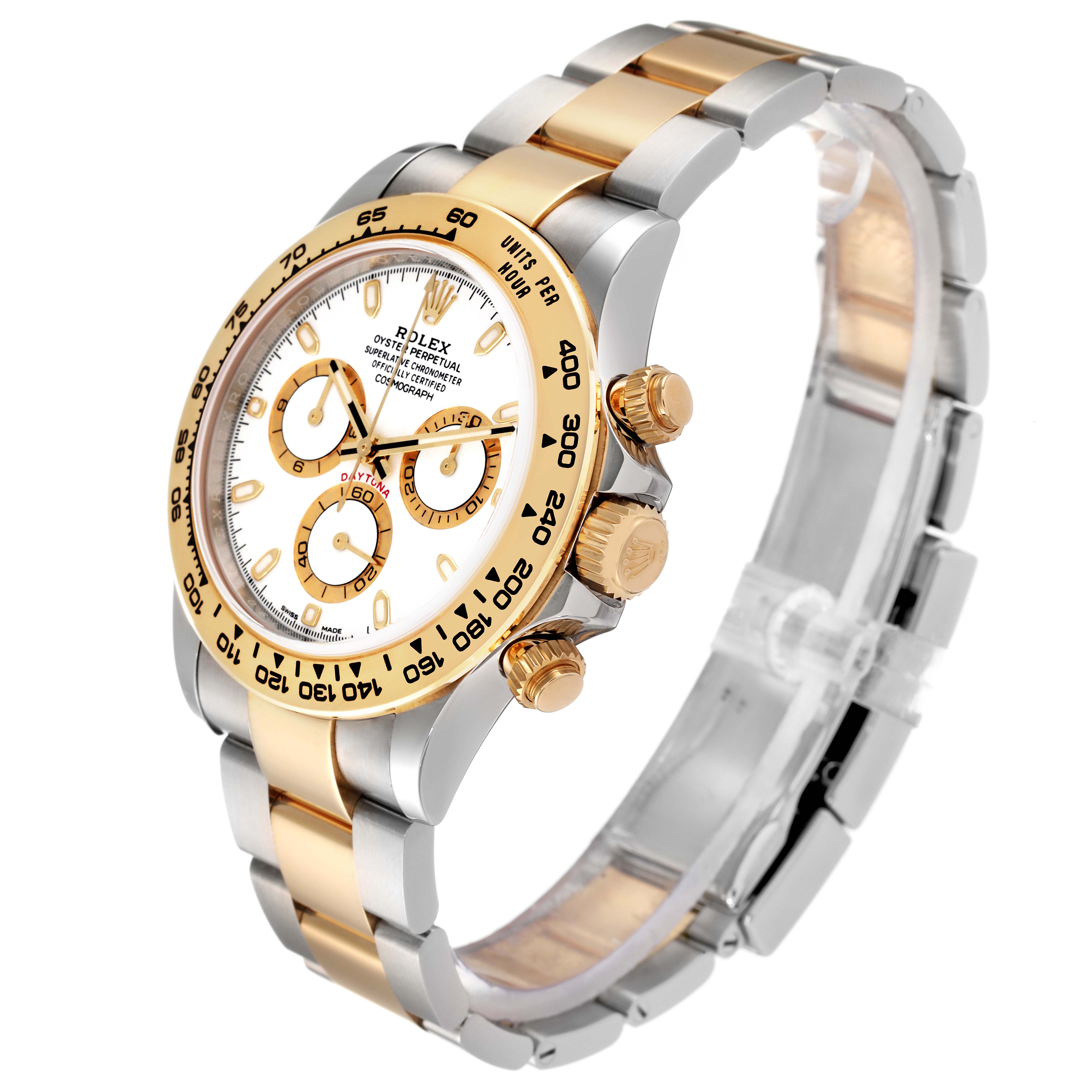 The Rolex Daytona 116503 Men
s Steel and Gold (two tone) White Dial 116503 Men
s Steel and Gold (two tone) White Dial watch is displayed at a side angle, showcasing its face, bezel, crown, and two-tone bracelet.