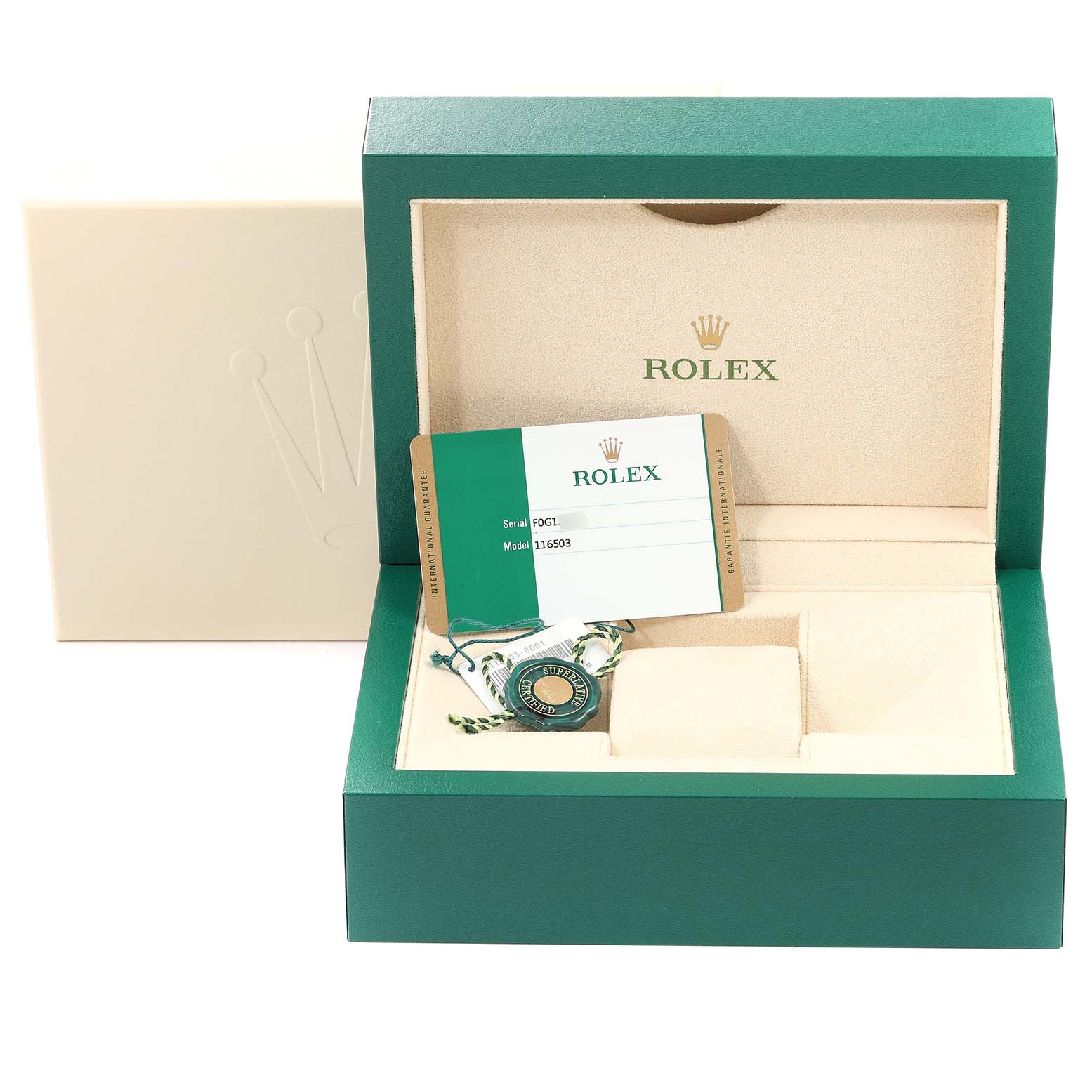 The image shows the open packaging box, certificate, and a tag for a Rolex Daytona 116503 Men
s Steel and Gold (two tone) White Dial 116503 Men
s Steel and Gold (two tone) White Dial watch.