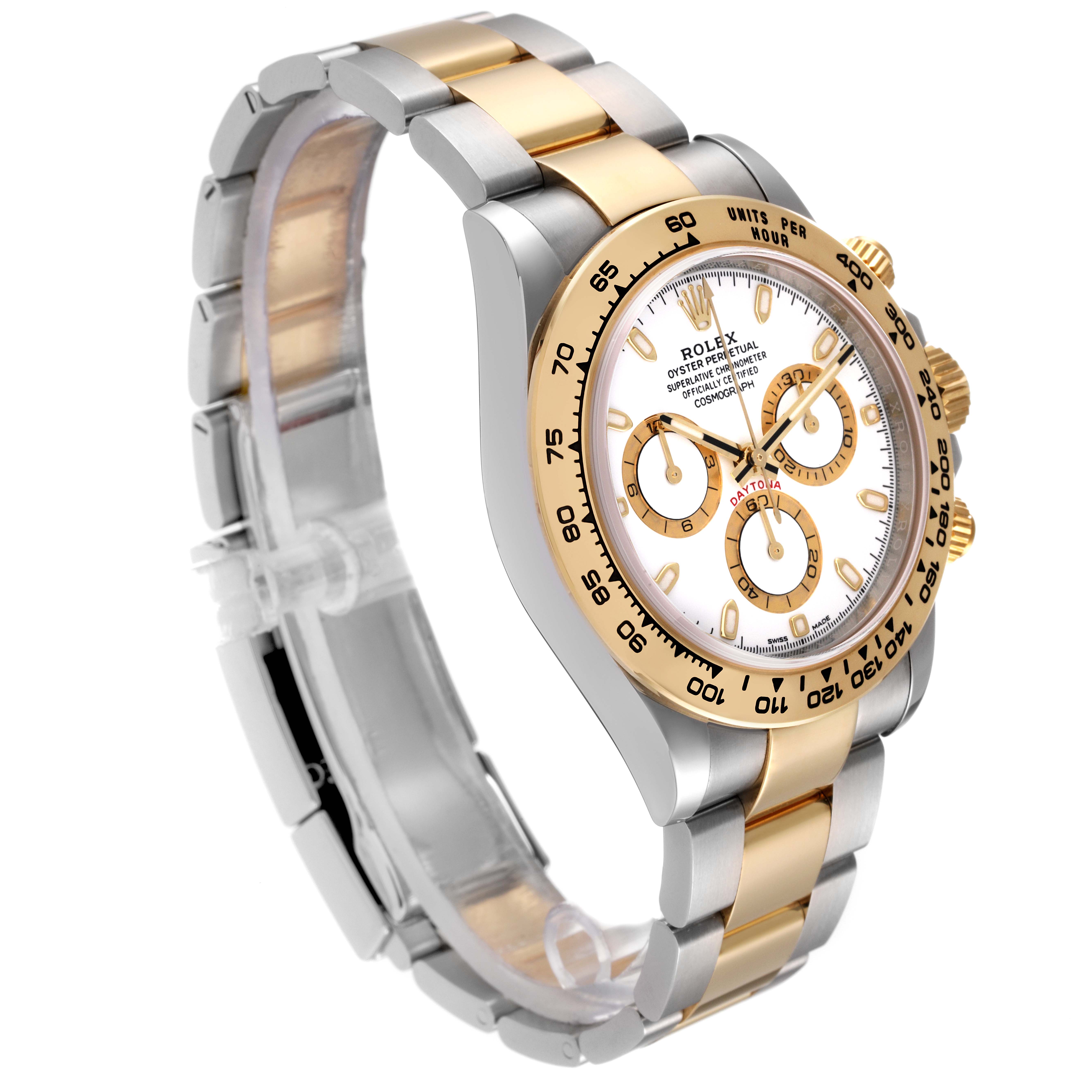 The image shows a Rolex Daytona 116503 Men
s Steel and Gold (two tone) White Dial 116503 Men
s Steel and Gold (two tone) White Dial watch at an angled side view, displaying its face, crown, bezel, and two-tone bracelet.