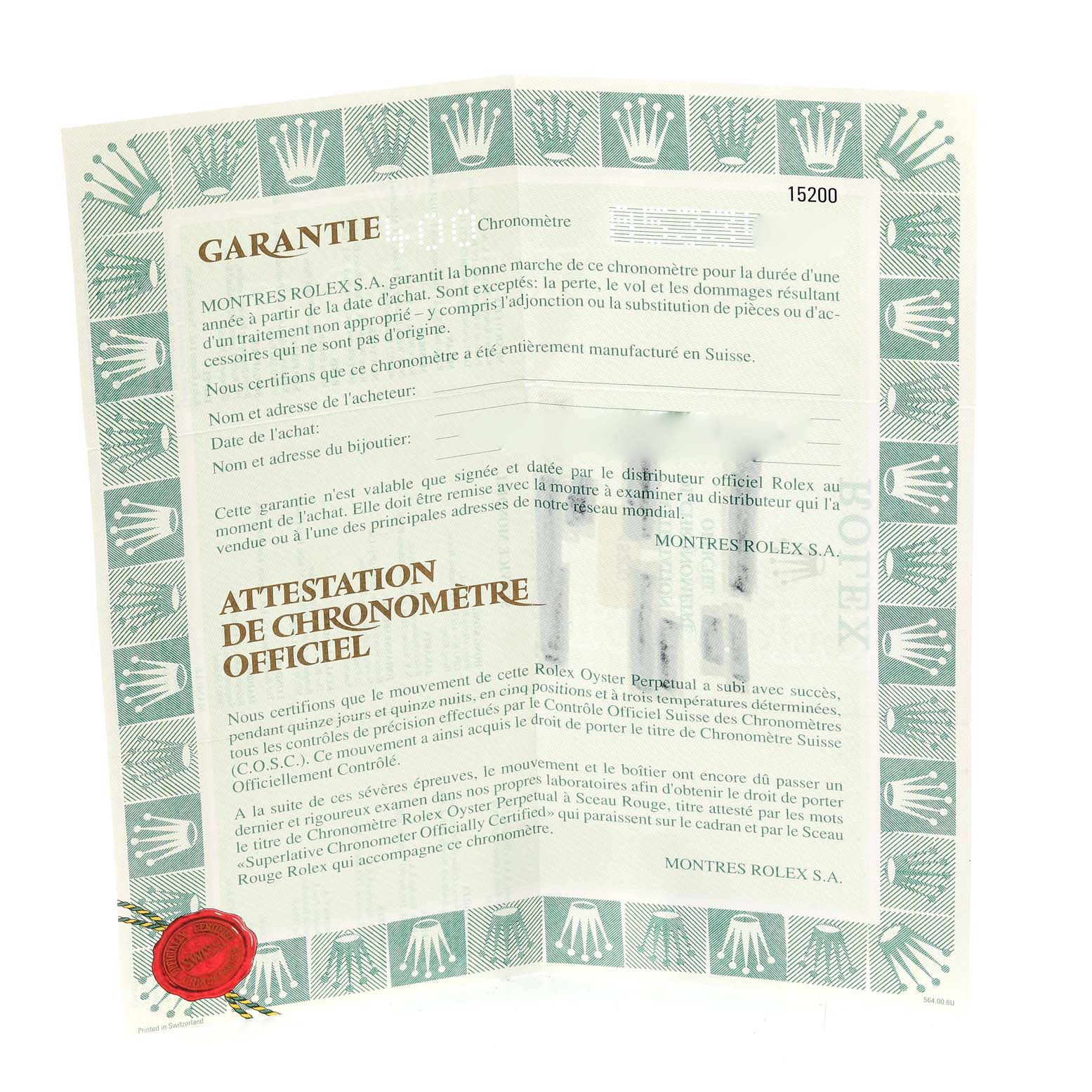 This is a warranty certificate for the Rolex Date 15200 Men's Stainless Steel Pink Dial 15200 Men's Stainless Steel Pink Dial model, shown flat with text and logos visible.