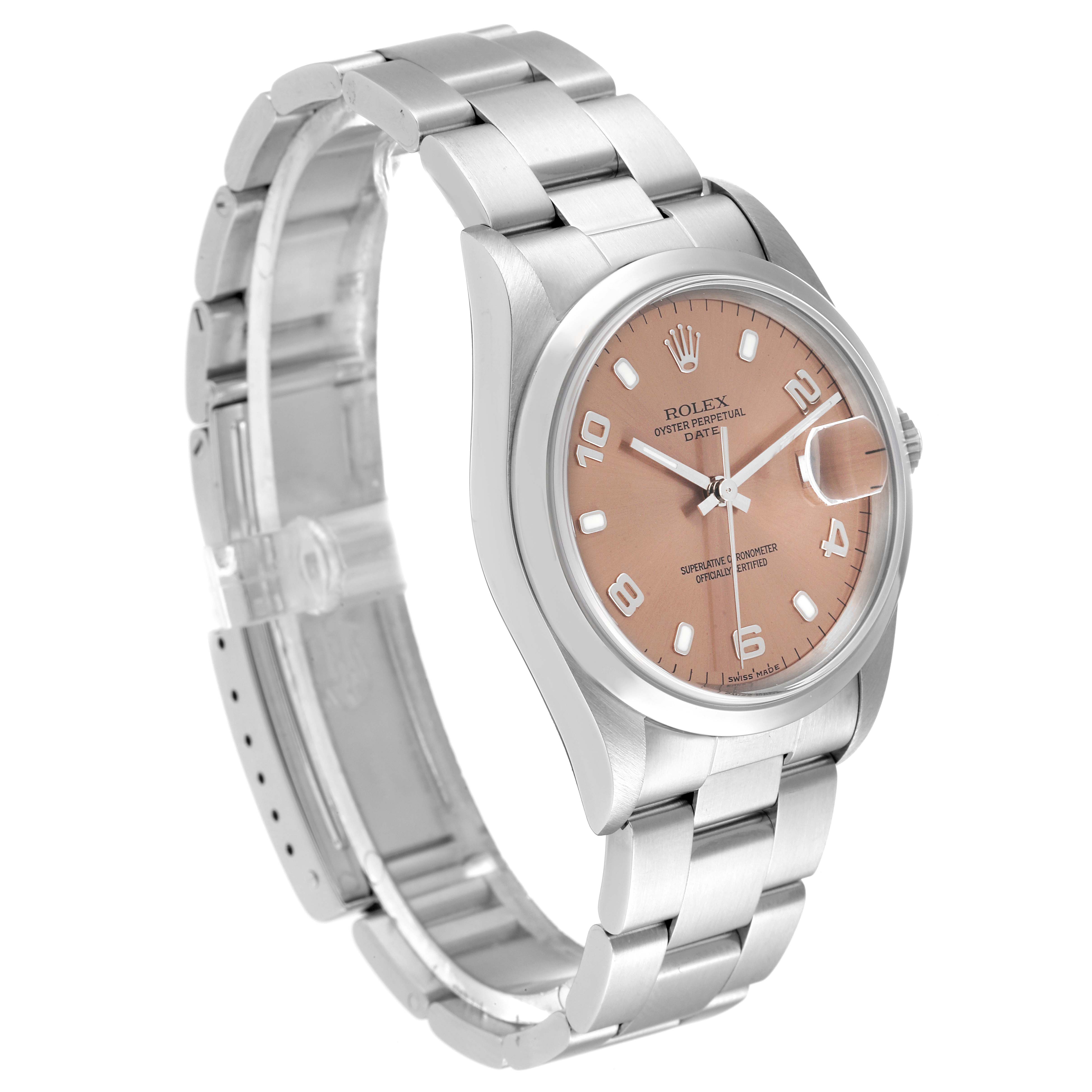 This image shows a Rolex Date 15200 Men's Stainless Steel Pink Dial 15200 Men's Stainless Steel Pink Dial model watch, featuring the face, case, and bracelet at an angled view.