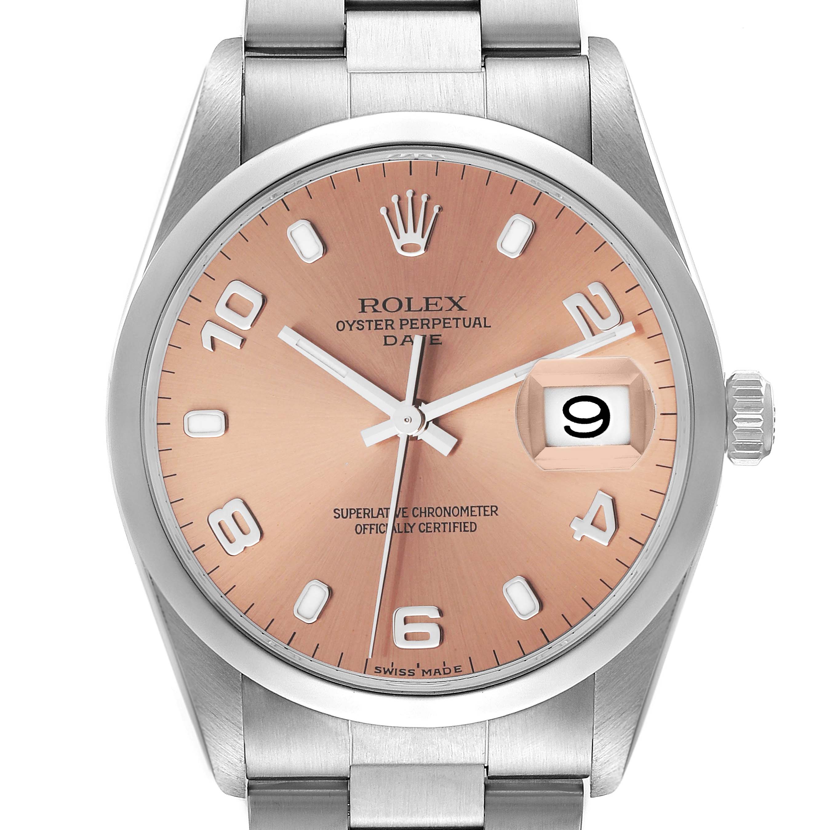 The image shows a frontal view of a Rolex Date 15200 Men's Stainless Steel Pink Dial 15200 Men's Stainless Steel Pink Dial model watch, highlighting the dial, hands, date window, and part of the bracelet.