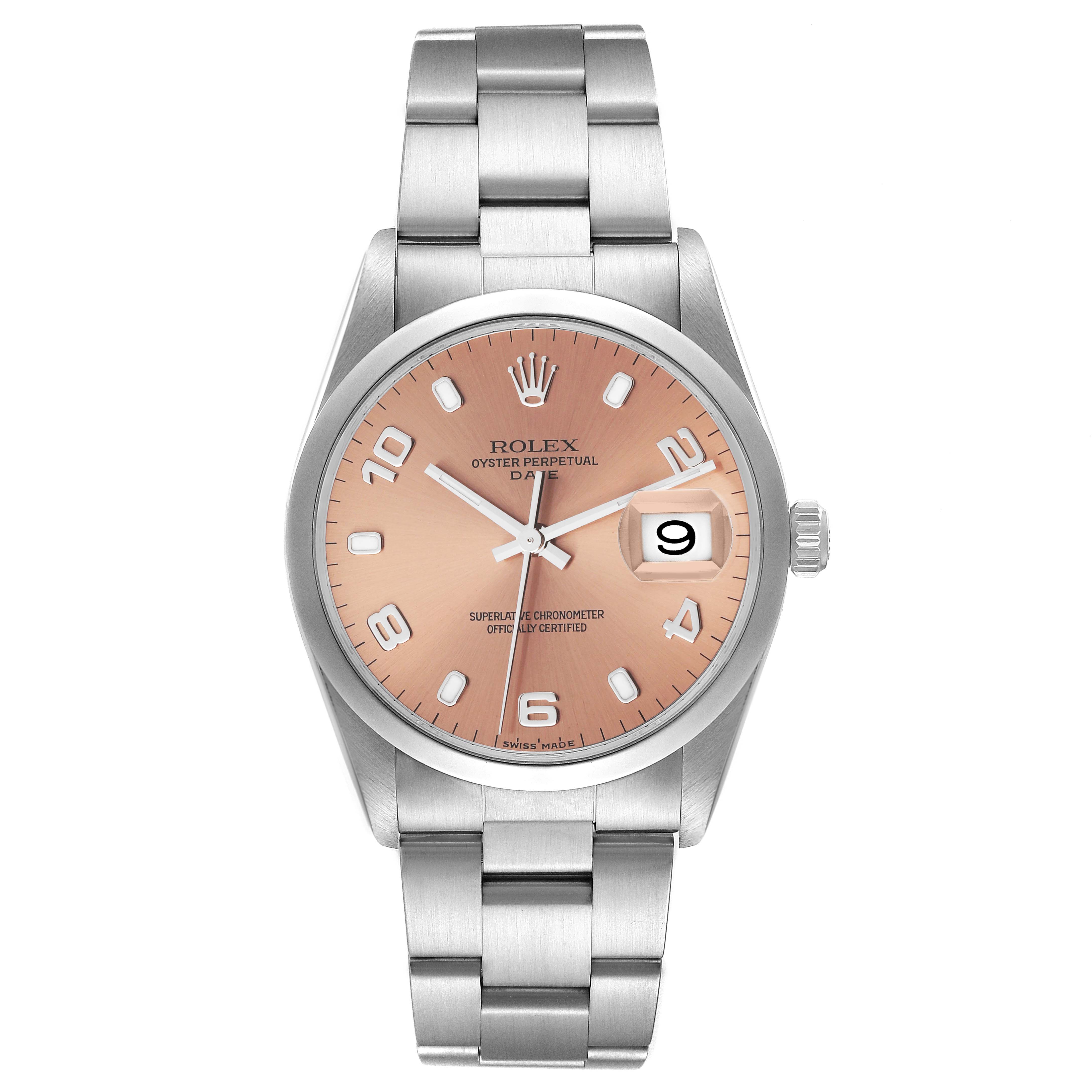 The image shows a front view of a Rolex Date 15200 Men's Stainless Steel Pink Dial 15200 Men's Stainless Steel Pink Dial model watch, displaying the dial, hands, bracelet, and date window.