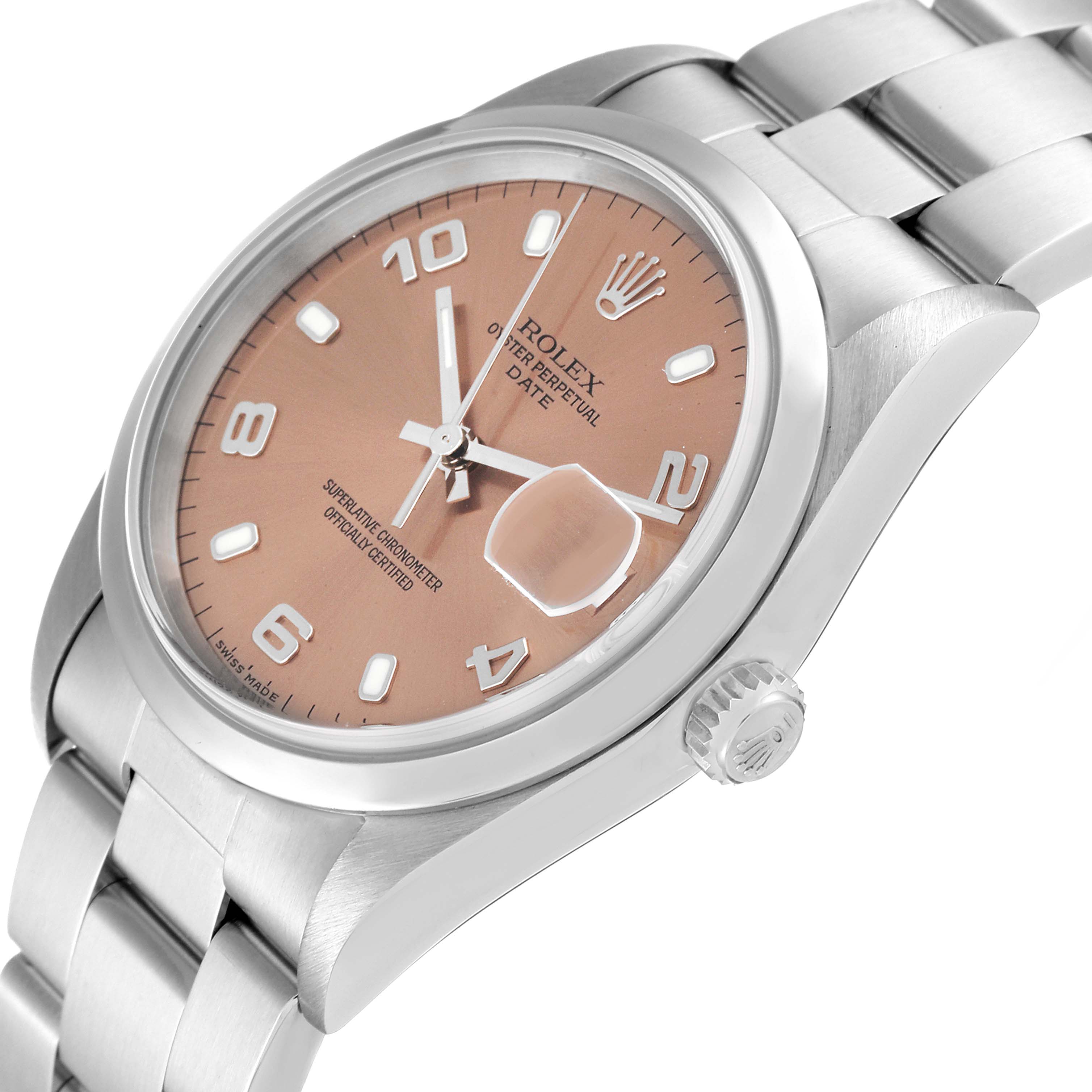 The image shows a close-up angled view of the Rolex Date 15200 Men's Stainless Steel Pink Dial 15200 Men's Stainless Steel Pink Dial model watch, highlighting the dial, bracelet, and crown.