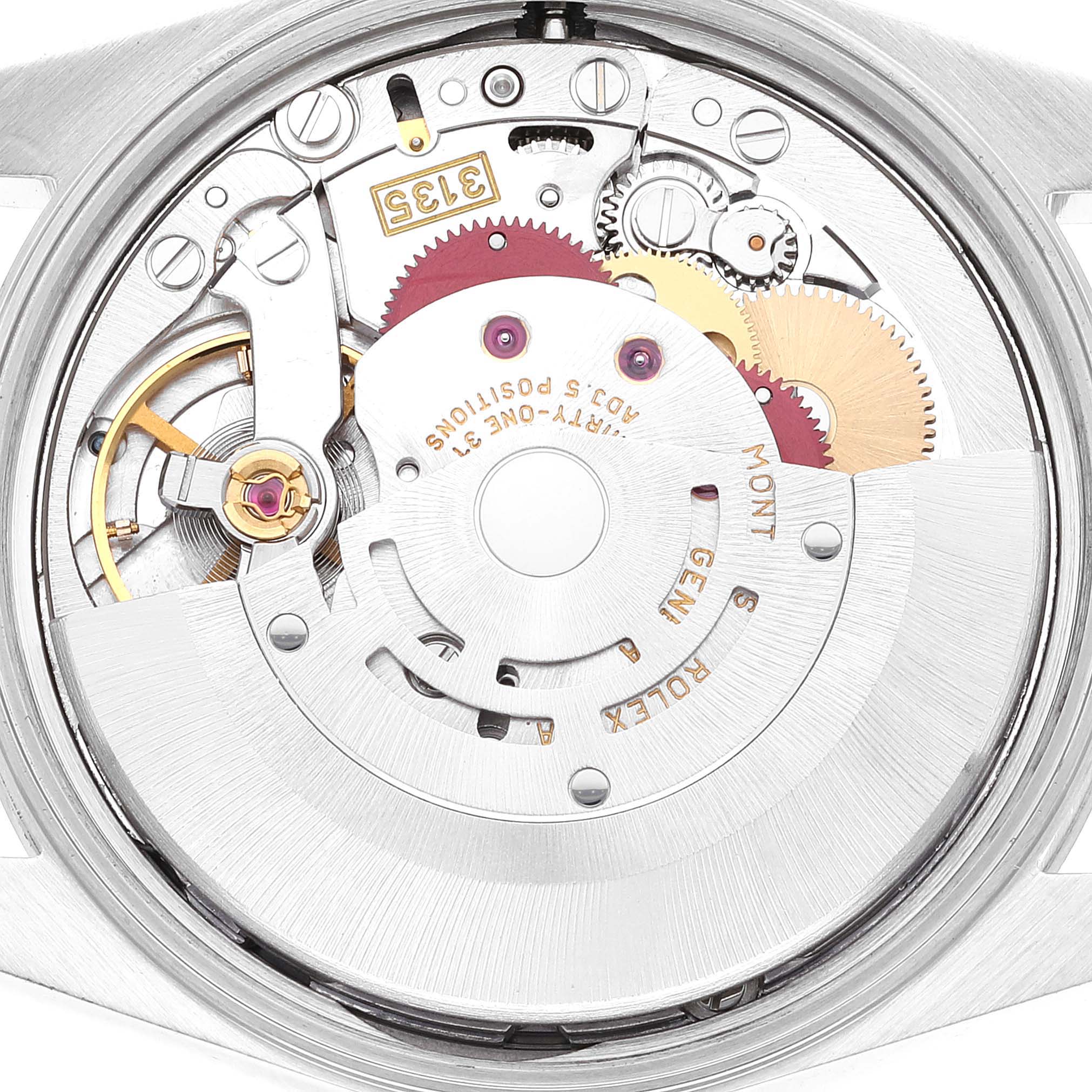 The image shows the internal movement mechanism of a Rolex Date 15200 Men's Stainless Steel Pink Dial 15200 Men's Stainless Steel Pink Dial model watch from a top-down angle.