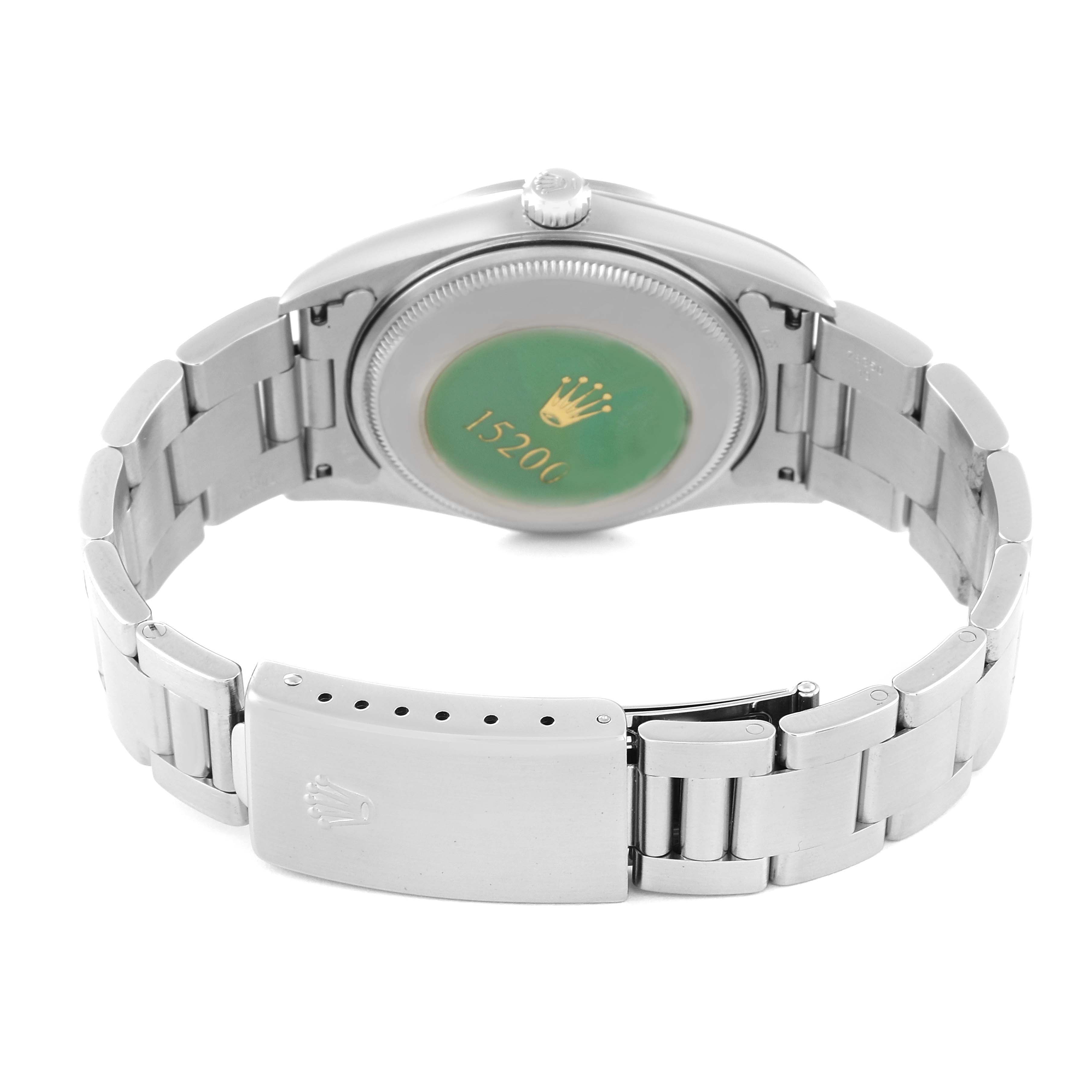 This image shows the back and clasp of the Rolex Date 15200 Men's Stainless Steel Pink Dial 15200 Men's Stainless Steel Pink Dial model watch.