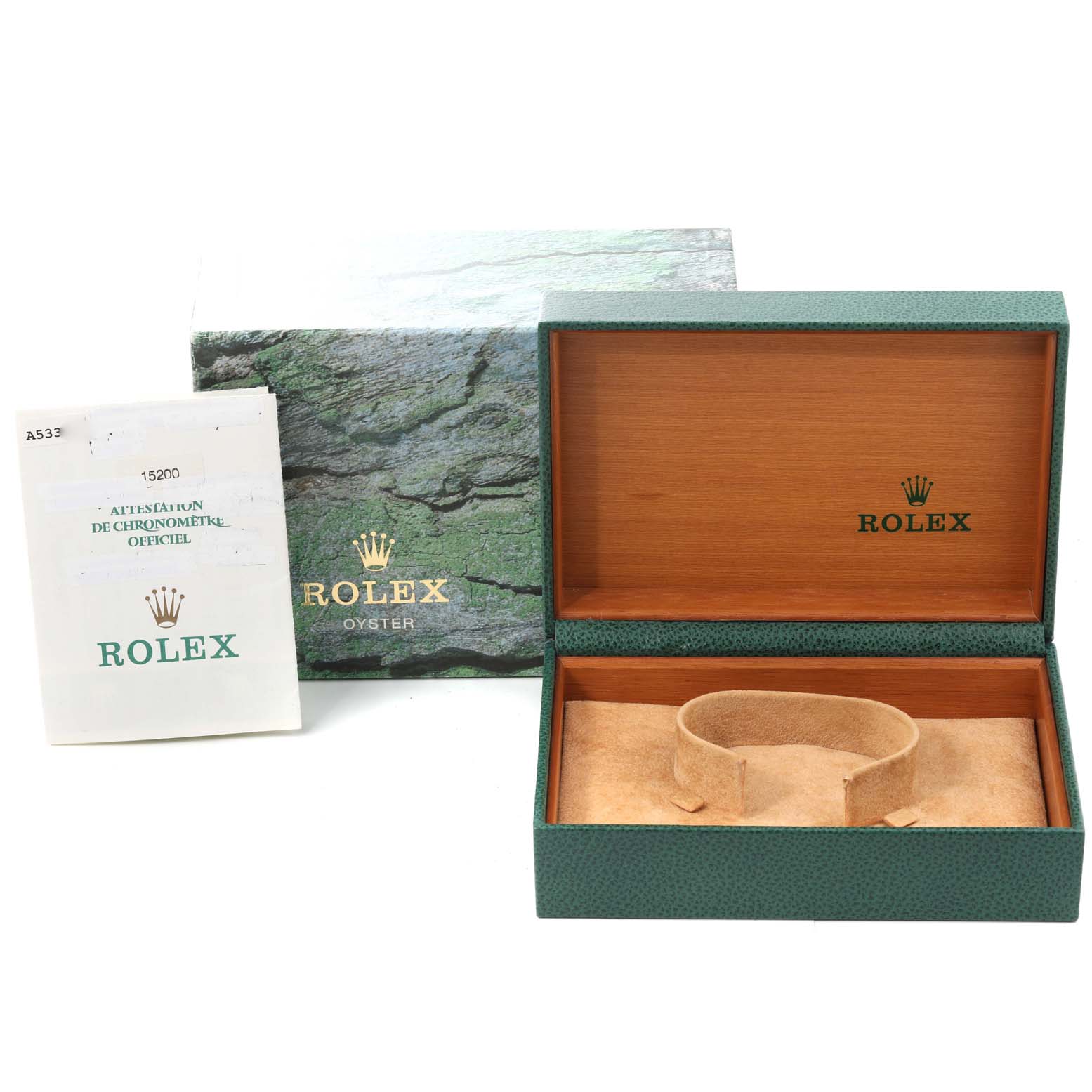 The image shows the open box, documentation, and outer cardboard box for a Rolex Date 15200 Men's Stainless Steel Pink Dial 15200 Men's Stainless Steel Pink Dial model watch.