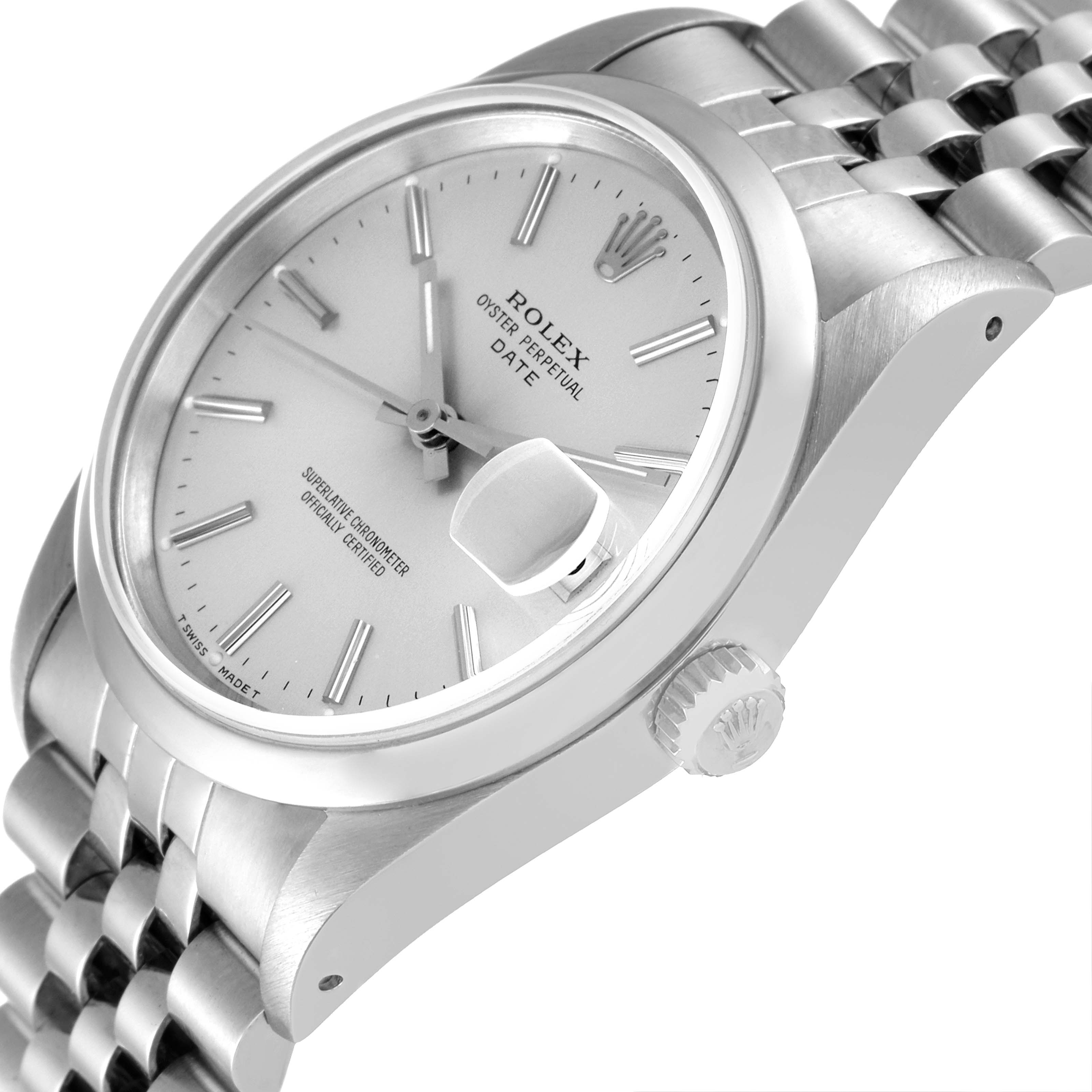 This image shows a Rolex Date 15200 Men's Stainless Steel Silver Dial 15200 Men's Stainless Steel Silver Dial model watch from an angled side view, highlighting the dial, date magnifier, crown, and bracelet.