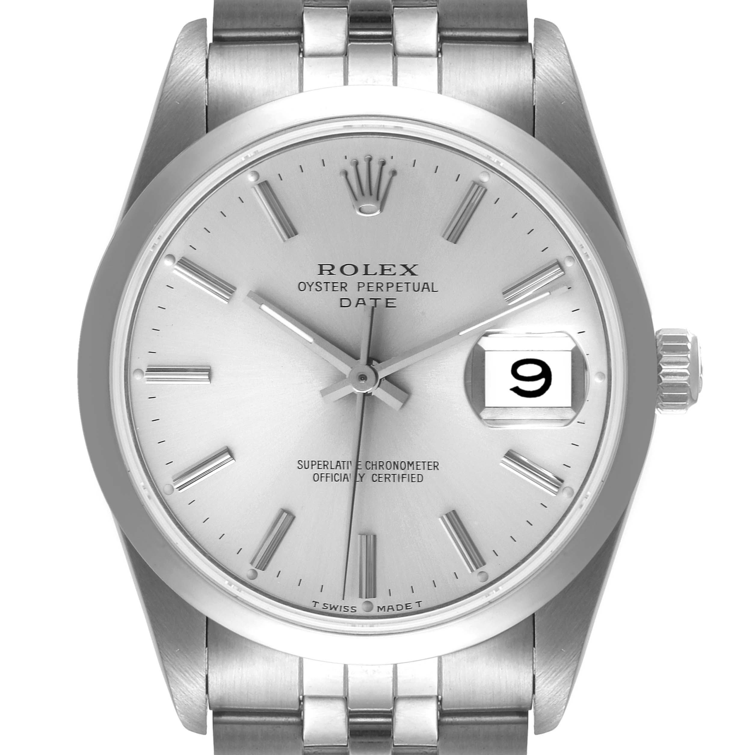 This Rolex Date 15200 Men's Stainless Steel Silver Dial 15200 Men's Stainless Steel Silver Dial model watch is shown from a front angle, highlighting the dial, crown, and a partial view of the bracelet.
