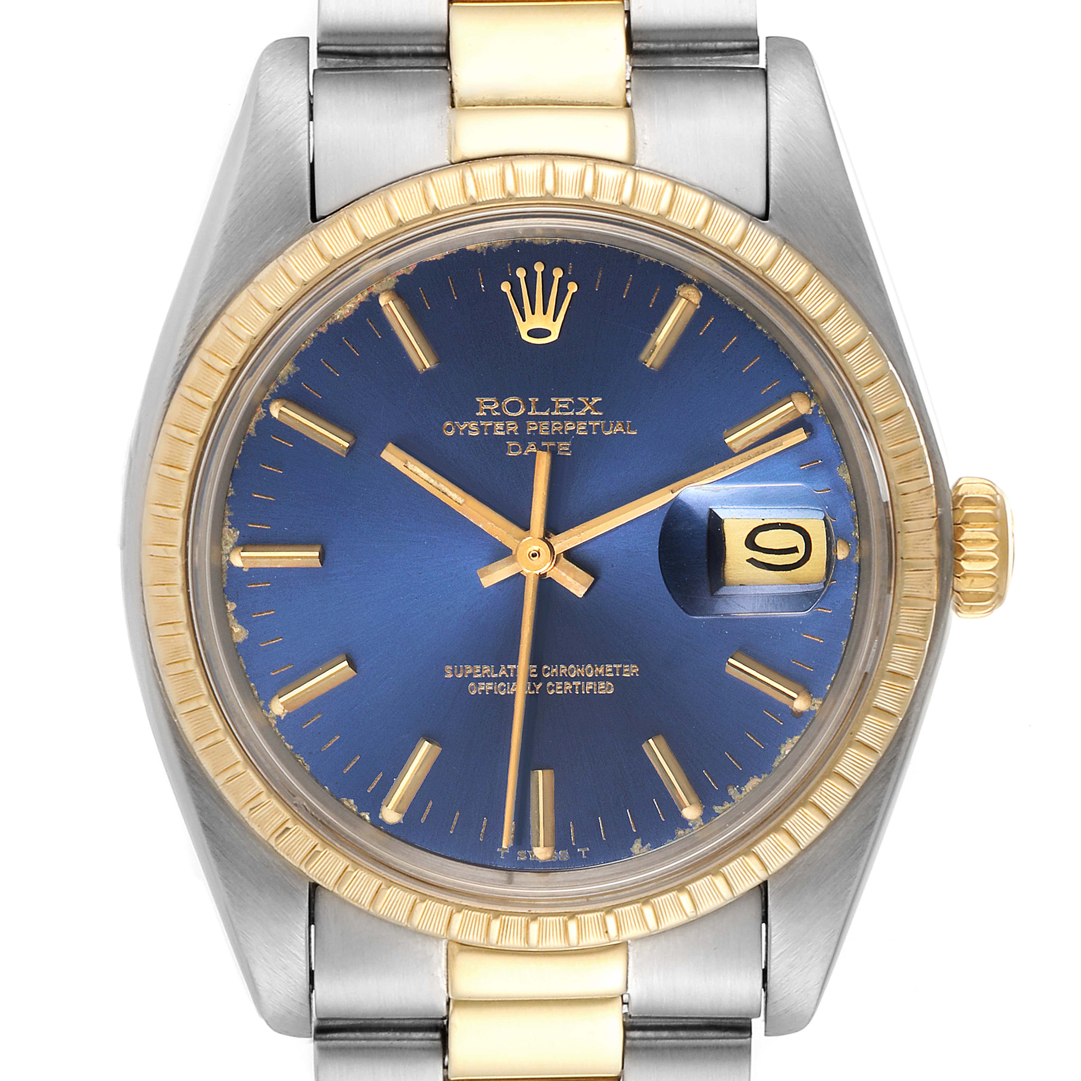 The image shows a close-up of the Rolex Vintage Collection 1505 Men's Steel and Gold (two tone) Blue Dial 1505 Men's Steel and Gold (two tone) Blue Dial watch, highlighting the face, bezel, crown, and part of the strap.