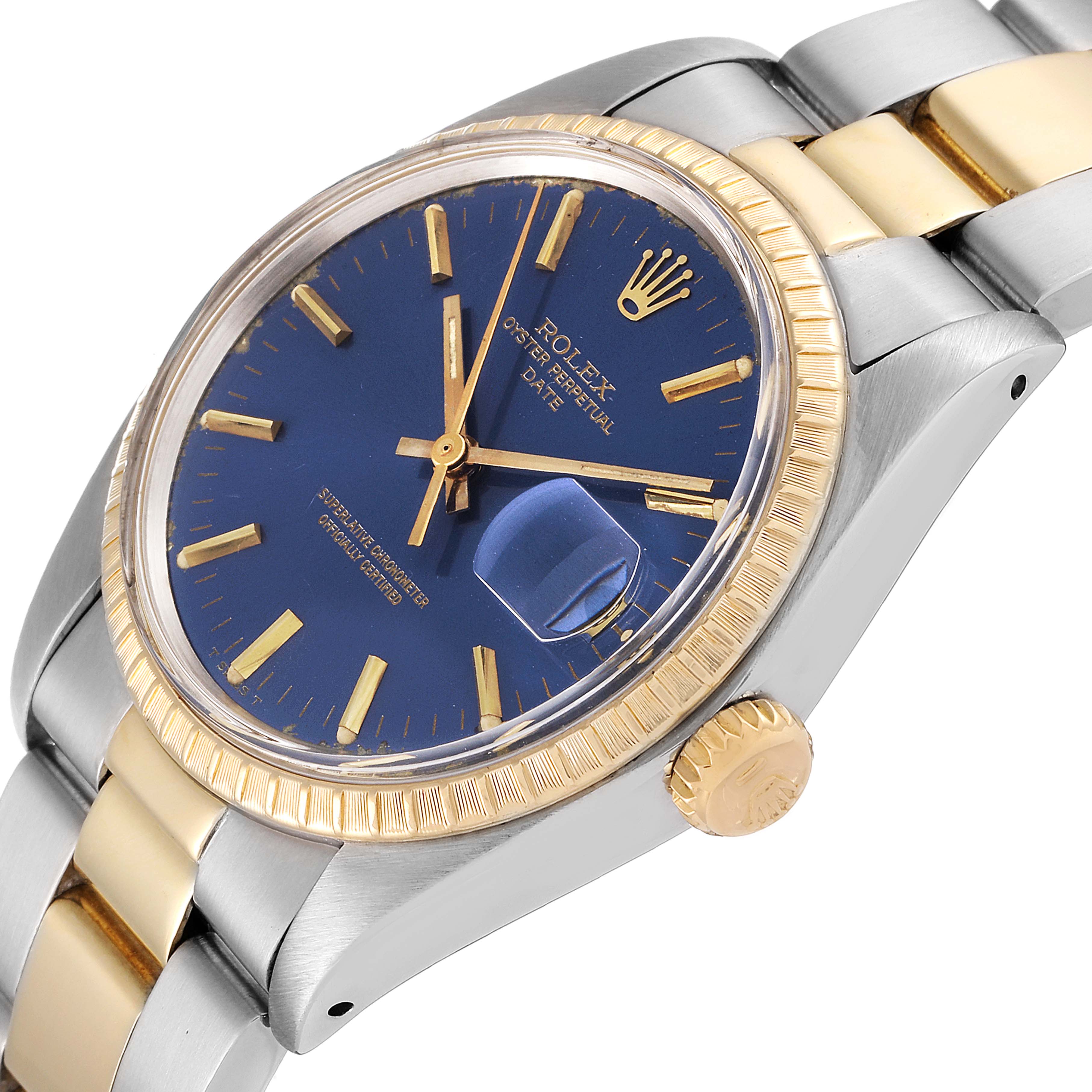 The Vintage Collection Rolex watch is shown at a three-quarter angle, highlighting the blue dial, gold bezel, crown, and two-tone bracelet.