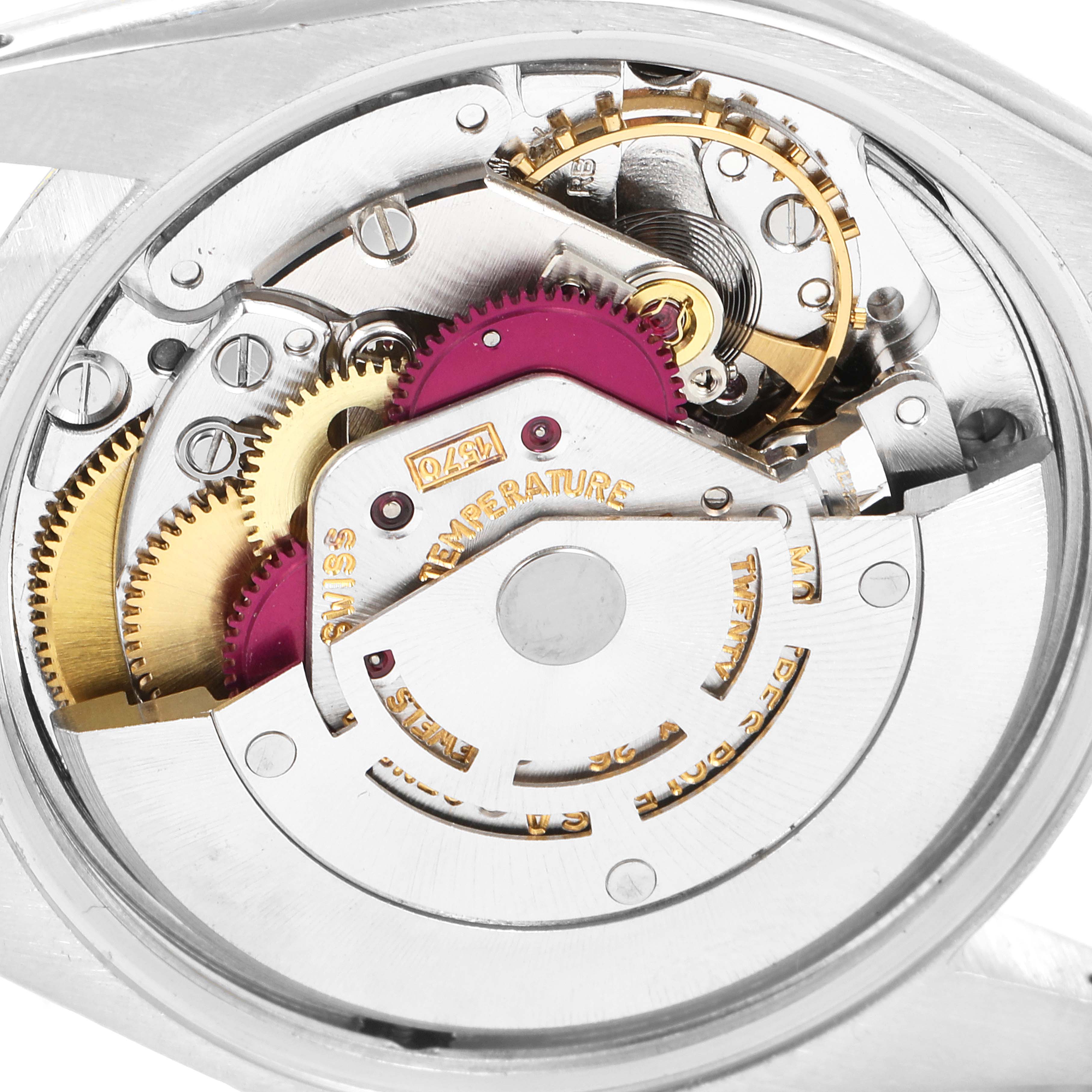 This image shows the internal mechanism and gears of a Rolex Vintage Collection 1505 Men's Steel and Gold (two tone) Blue Dial 1505 Men's Steel and Gold (two tone) Blue Dial model watch from a top-down angle.