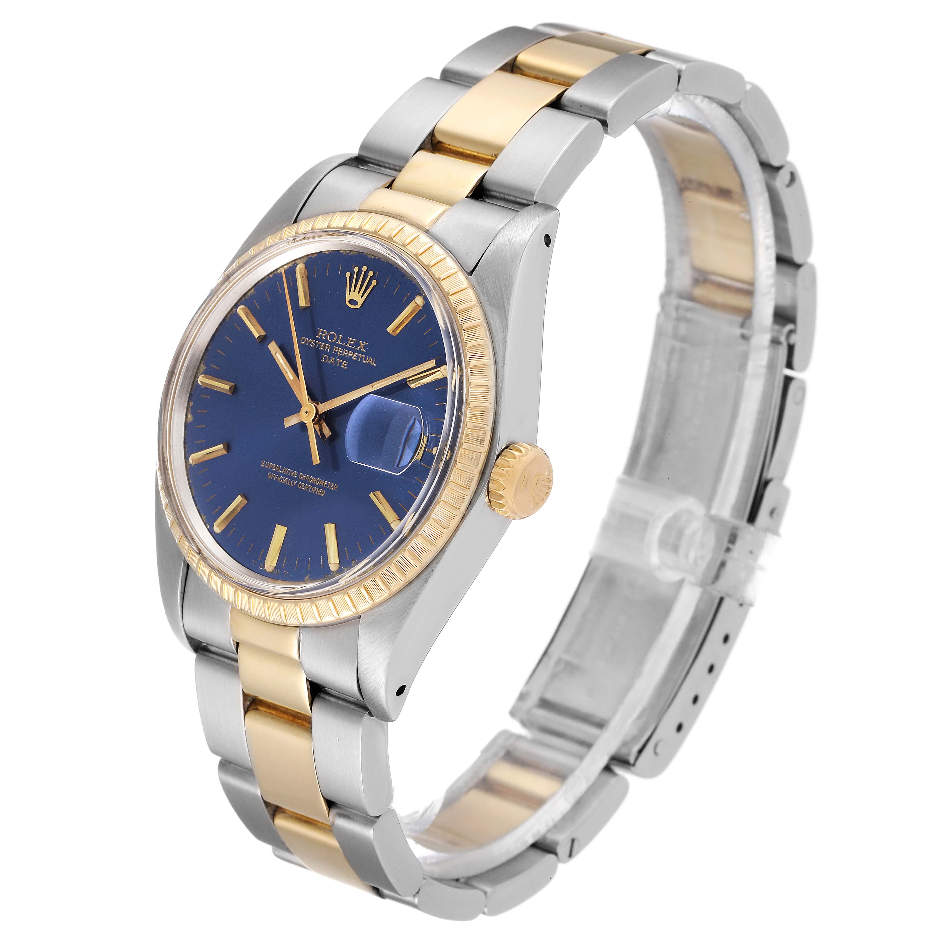The image shows a side angle of the Rolex Vintage Collection 1505 Men's Steel and Gold (two tone) Blue Dial 1505 Men's Steel and Gold (two tone) Blue Dial model watch, highlighting its blue dial, gold bezel, and two-tone bracelet.