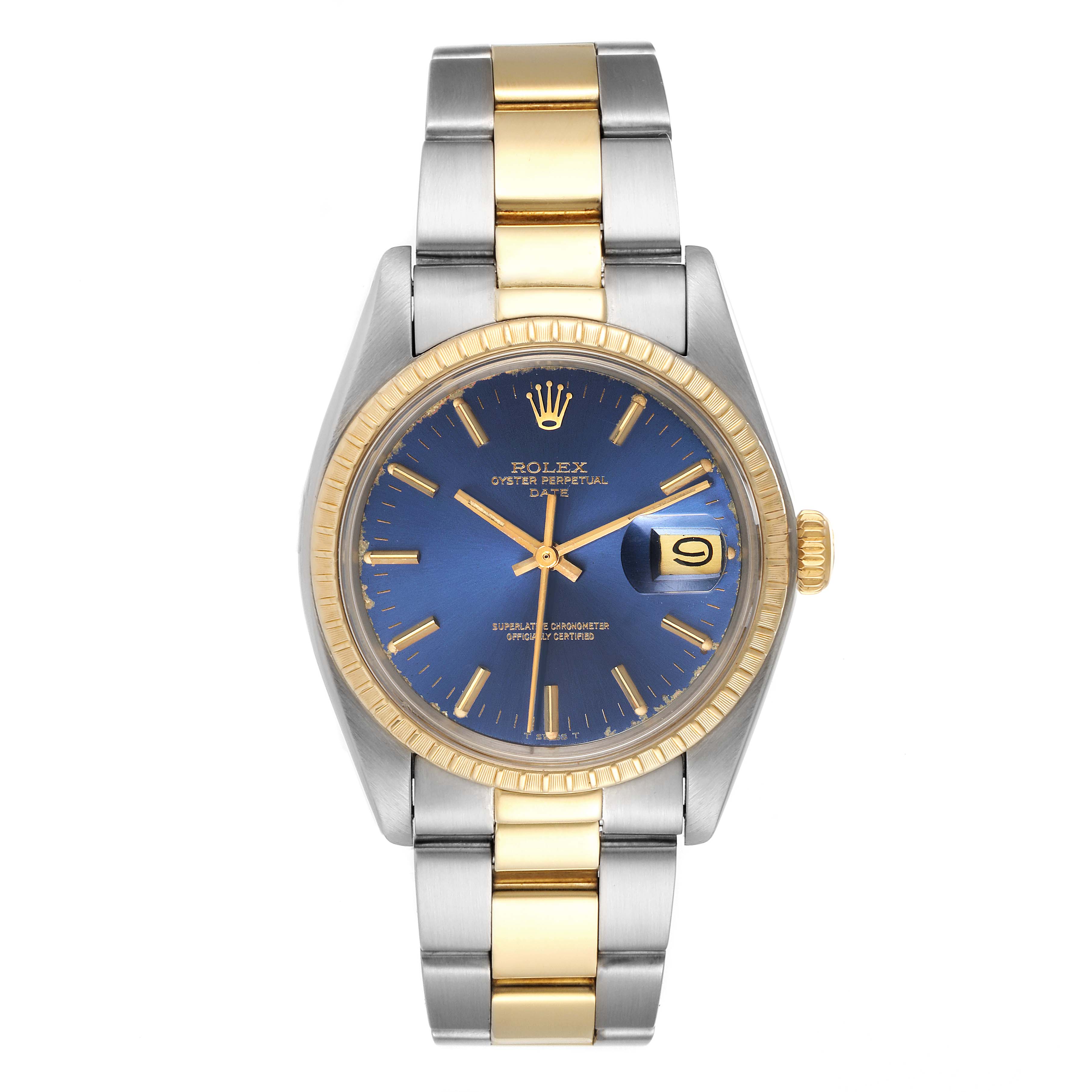 The Rolex Vintage Collection 1505 Men's Steel and Gold (two tone) Blue Dial 1505 Men's Steel and Gold (two tone) Blue Dial model is shown from a front angle, displaying the watch face, bezel, bracelet, and crown.