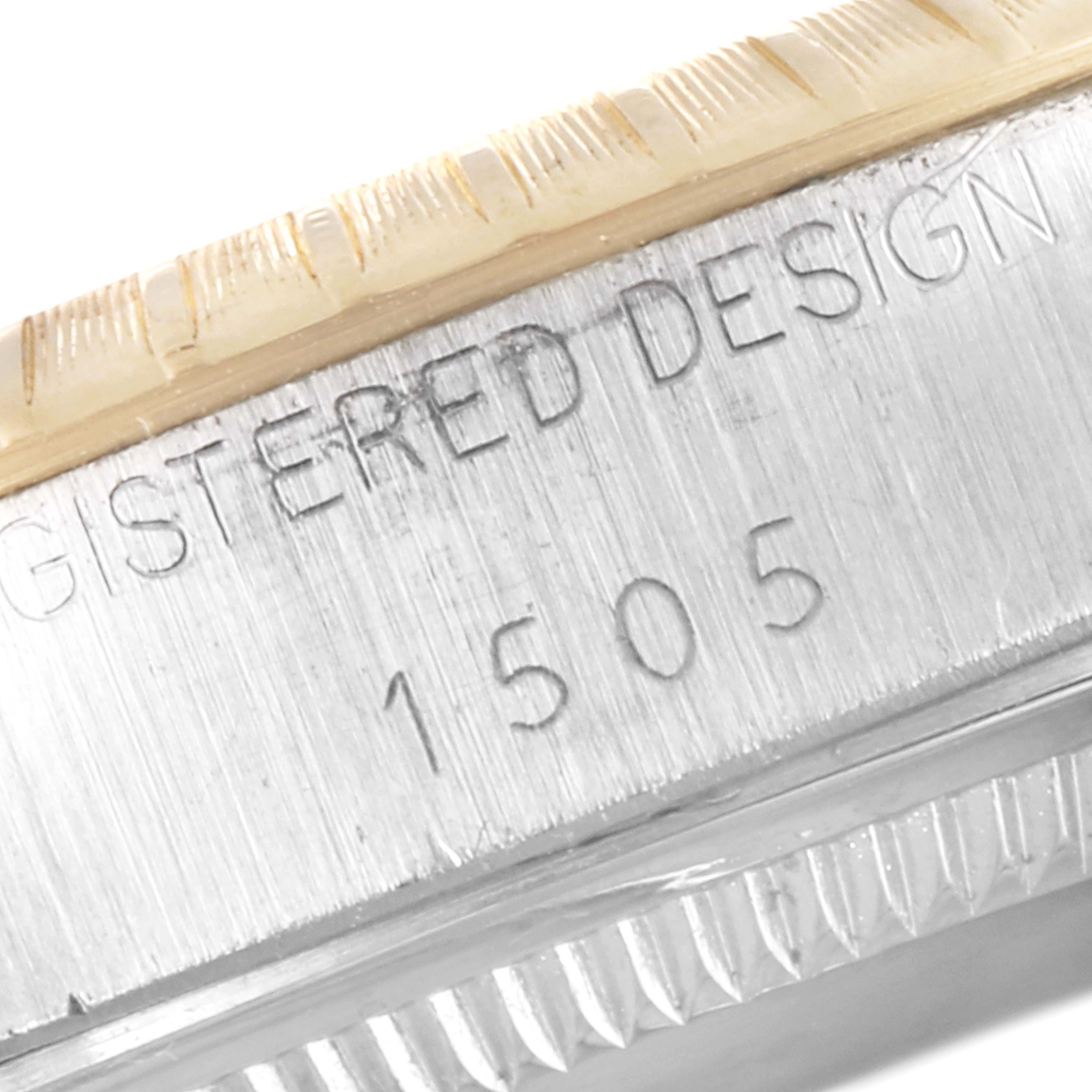 Close-up of the side casing and bezel of a Rolex Vintage Collection 1505 Men's Steel and Gold (two tone) Blue Dial 1505 Men's Steel and Gold (two tone) Blue Dial watch, showing the text "REGISTERED DESIGN" and model number "1505."