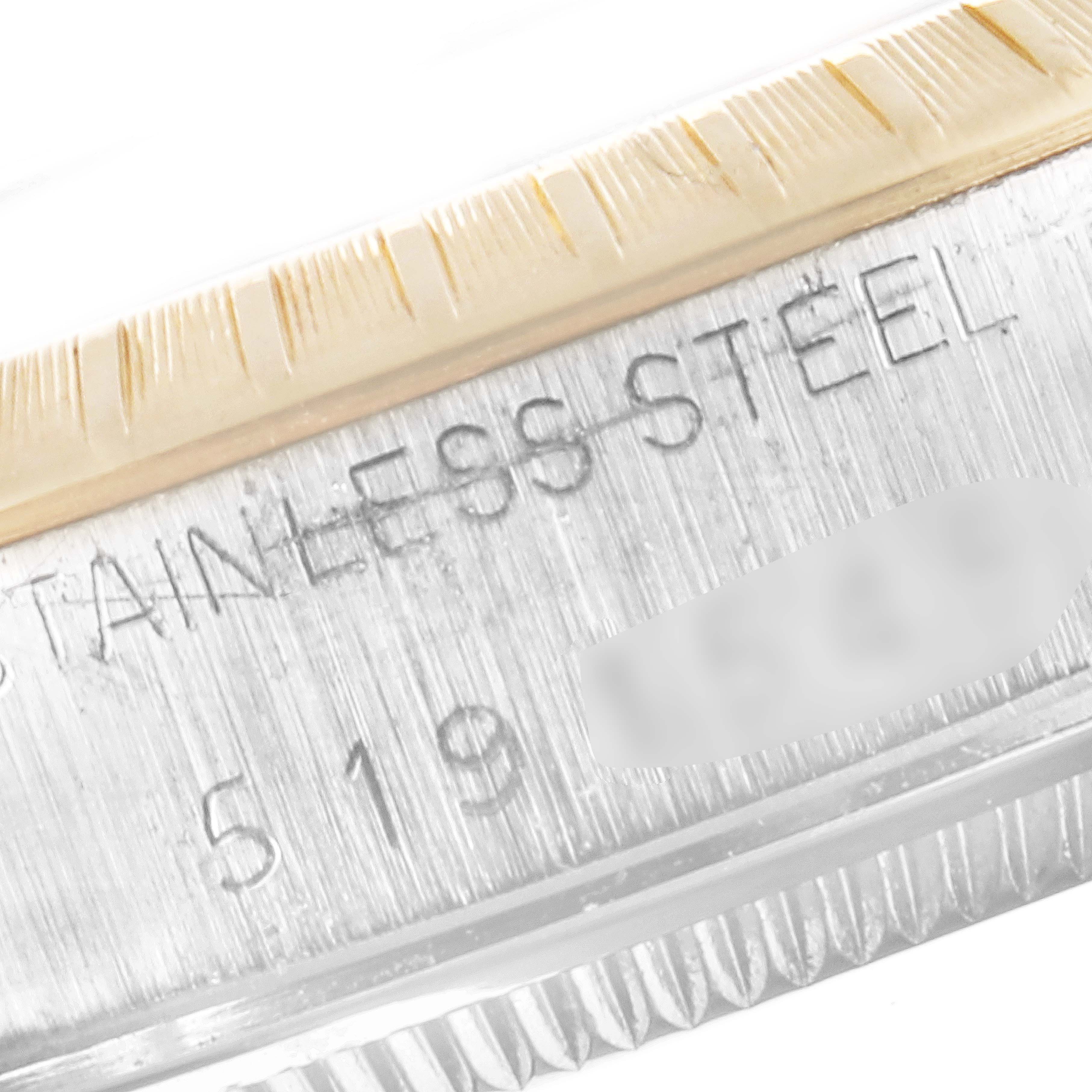 This image shows a close-up of the stainless steel casing with part of the bezel of the Rolex Vintage Collection 1505 Men's Steel and Gold (two tone) Blue Dial 1505 Men's Steel and Gold (two tone) Blue Dial model.