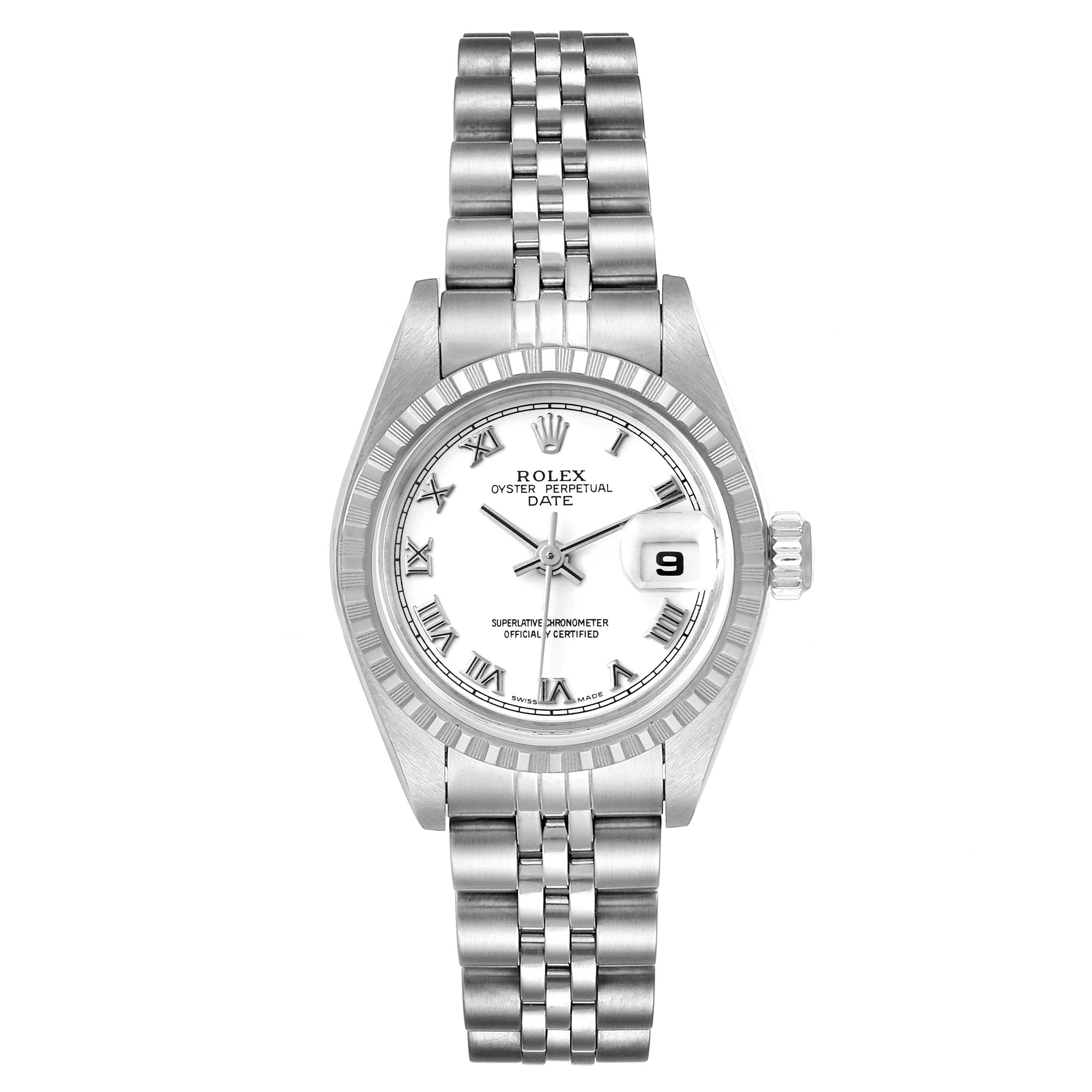 This image shows a front view of the Rolex Date 79240 Women
s Stainless Steel White Dial 79240 Women
s Stainless Steel White Dial model watch, highlighting its face, bezel, and bracelet.