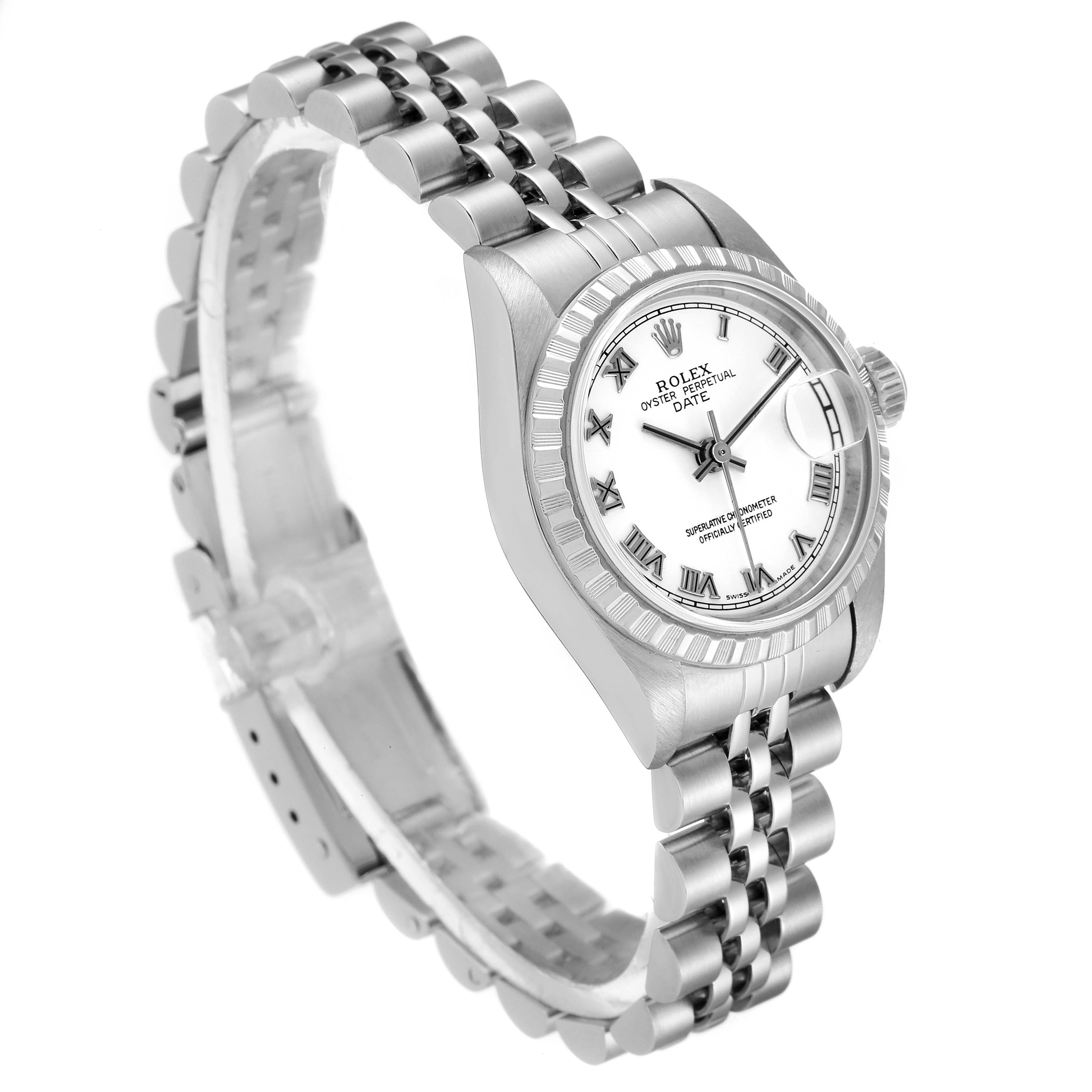The image shows a side-angle view of a Rolex Date 79240 Women
s Stainless Steel White Dial 79240 Women
s Stainless Steel White Dial watch, focusing on its face, bezel, crown, and the linked bracelet.