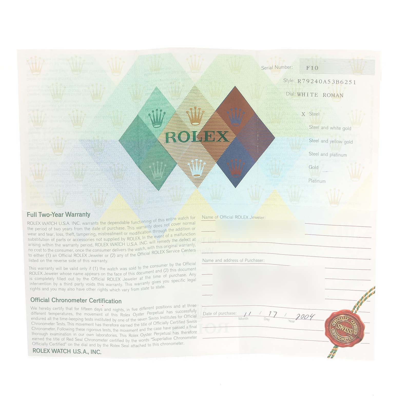 This image displays the warranty and certification papers for a Rolex Date 79240 Women
s Stainless Steel White Dial 79240 Women
s Stainless Steel White Dial model watch.