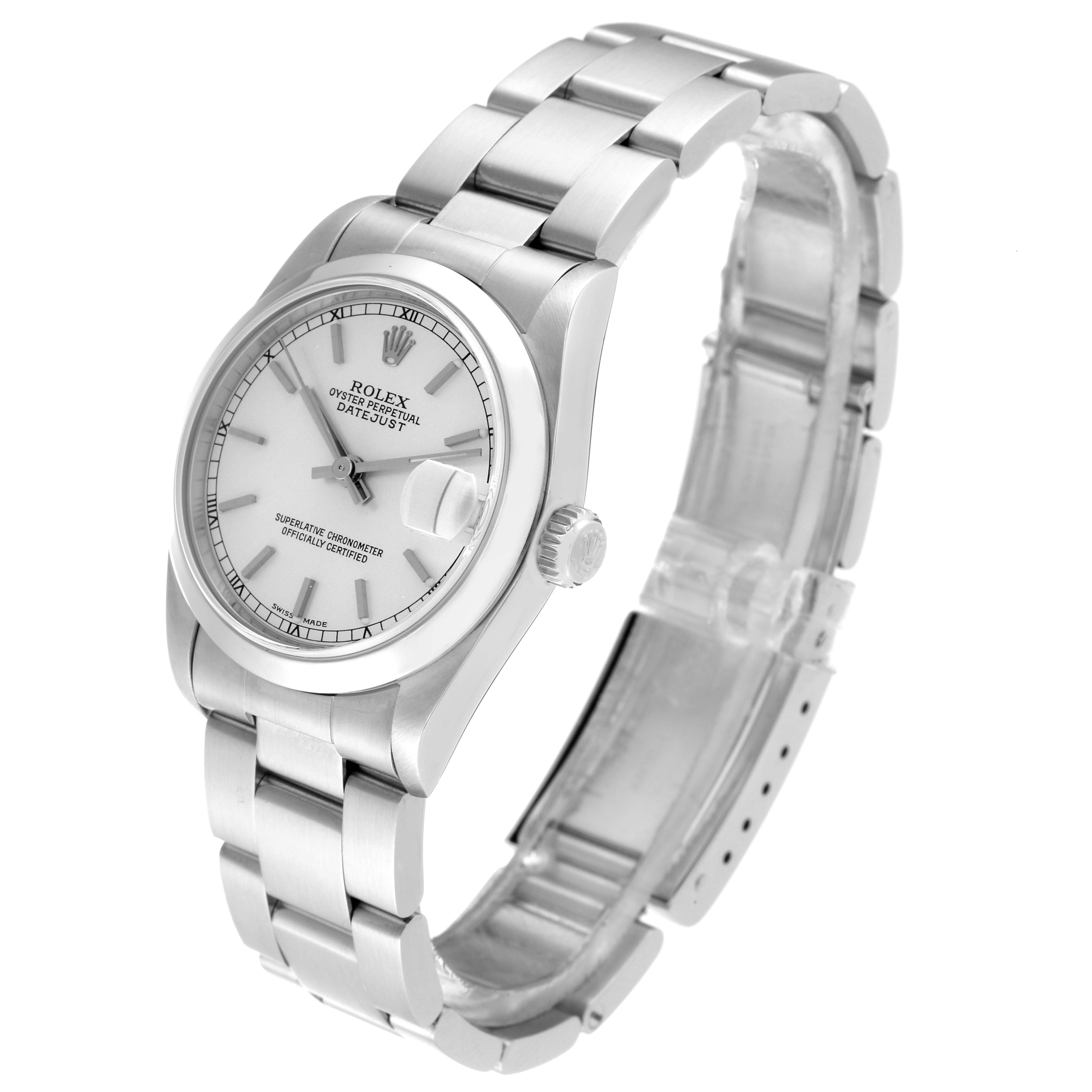 The Rolex Mid-Size 78240 Women's Stainless Steel Silver Dial 78240 Women's Stainless Steel Silver Dial model is shown at an angle highlighting the face, bezel, crown, and full bracelet.