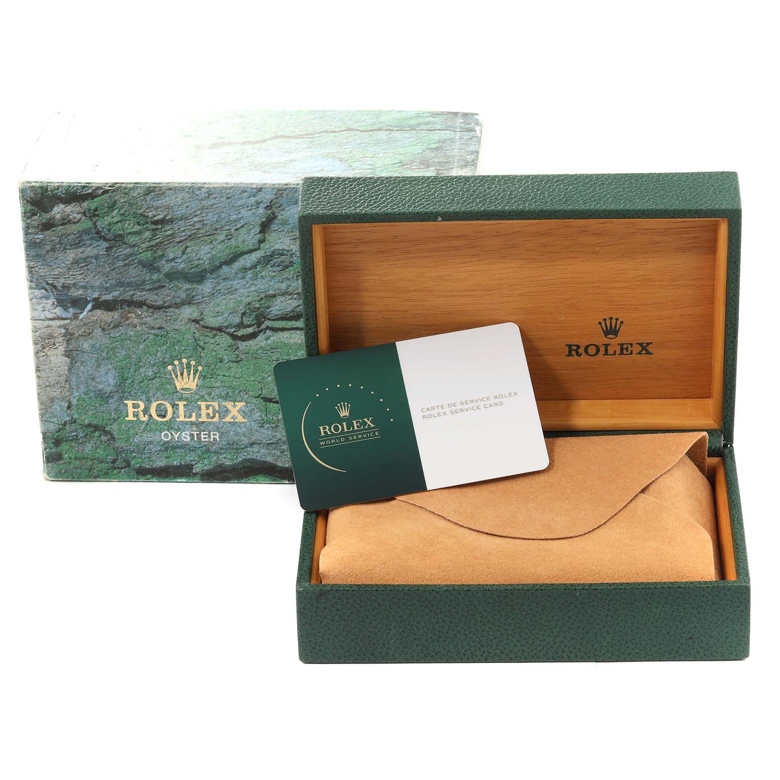 The image shows a Rolex Mid-Size 78240 Women's Stainless Steel Silver Dial 78240 Women's Stainless Steel Silver Dial watch box with a service card, outer green textured box, and suede pouch, all viewed from above.
