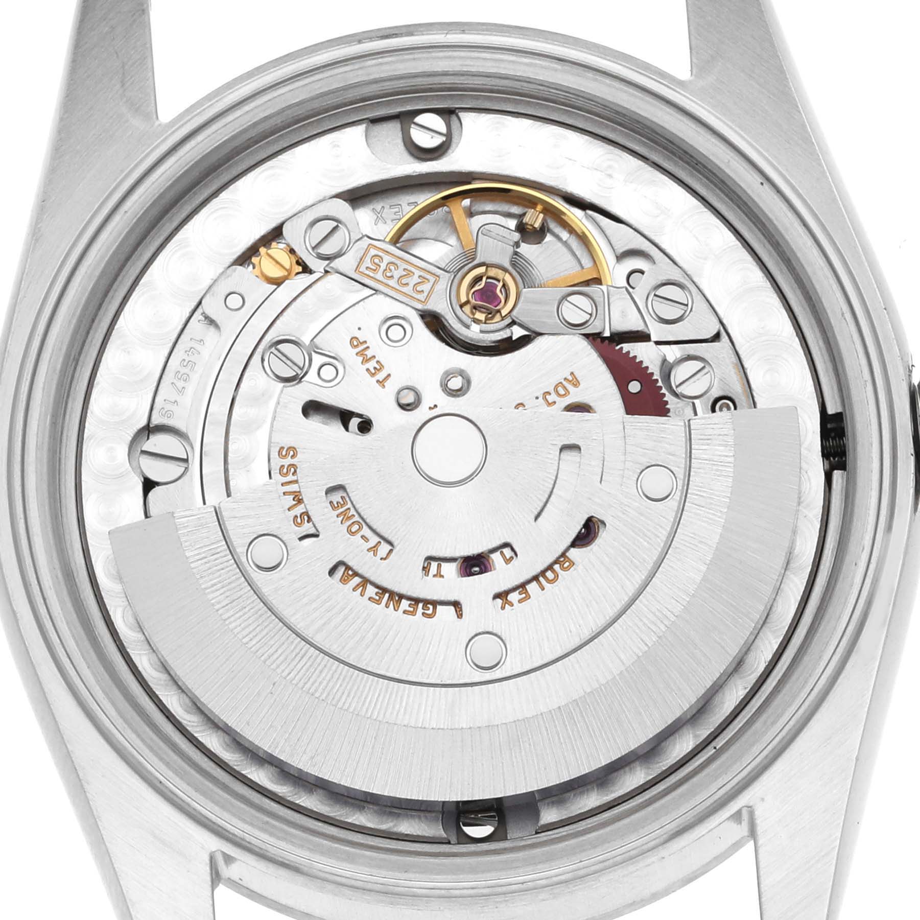 The image shows a close-up view of the Rolex Mid-Size 78240 Women's Stainless Steel Silver Dial 78240 Women's Stainless Steel Silver Dial model's mechanical movement from the back without the caseback.
