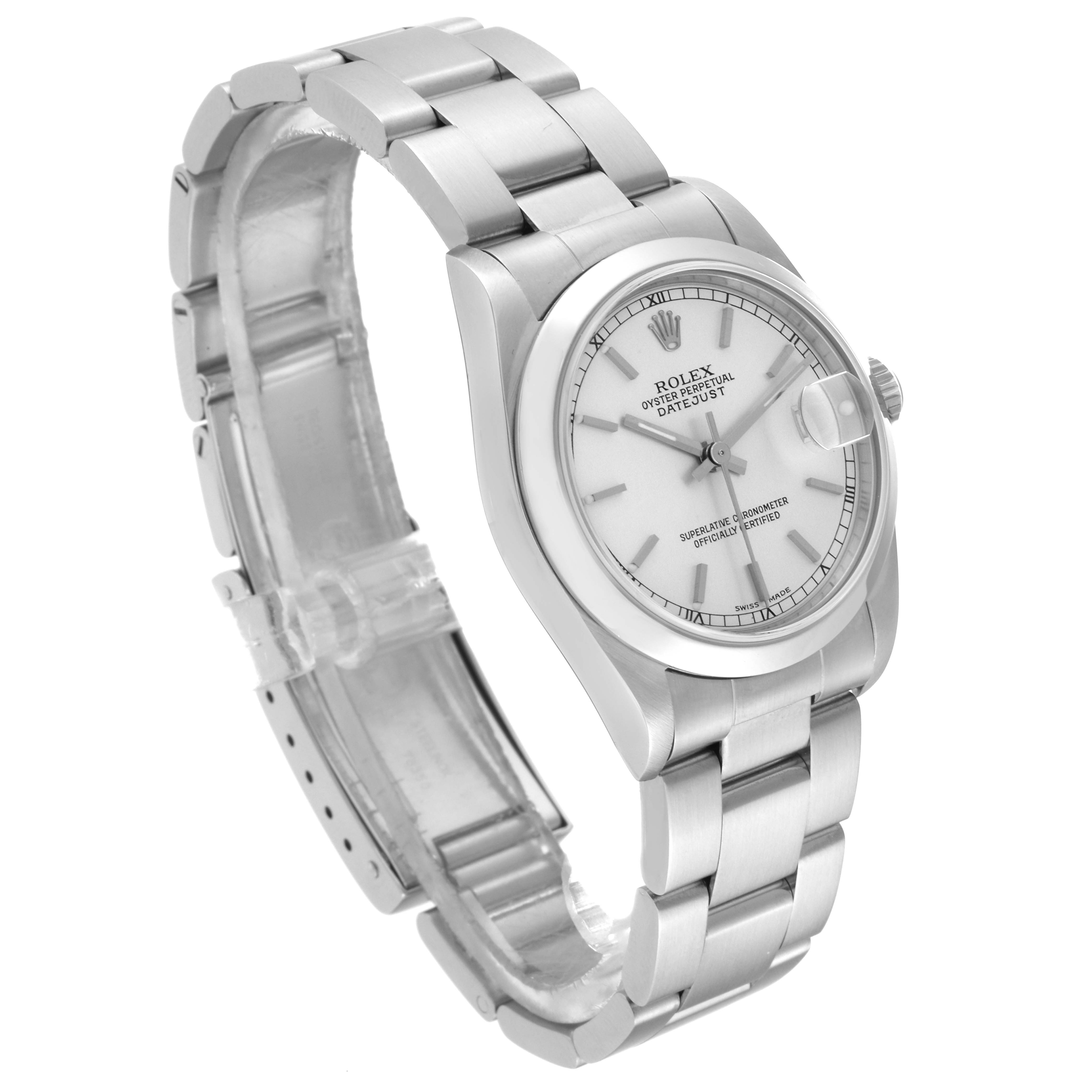 The image shows a side-angle view of a Rolex Mid-Size 78240 Women's Stainless Steel Silver Dial 78240 Women's Stainless Steel Silver Dial Oyster Perpetual Datejust watch, displaying the bracelet, case, and dial.