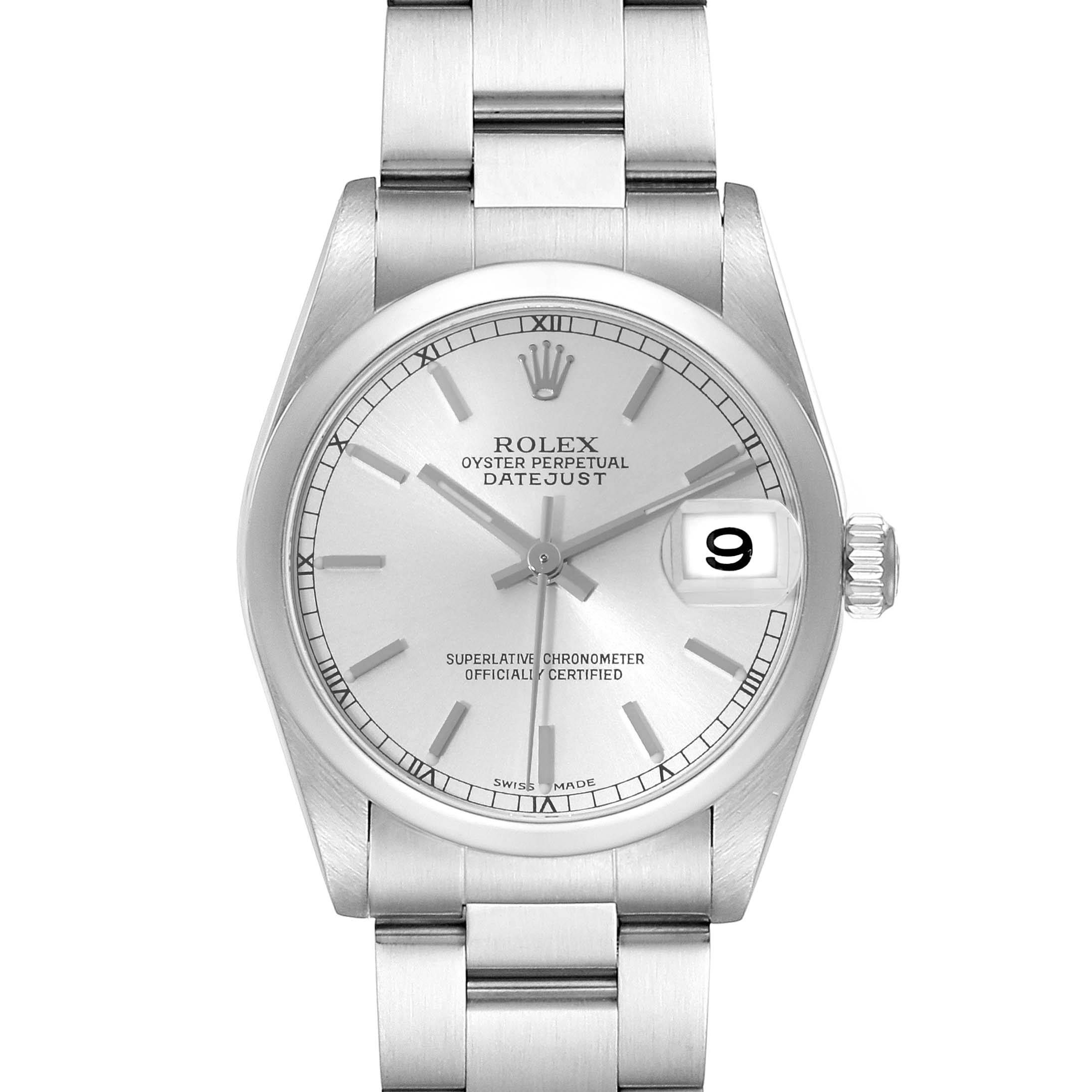 This image shows a Rolex Oyster Perpetual Datejust Mid-Size watch from the front, featuring its dial, case, bracelet, and date window.