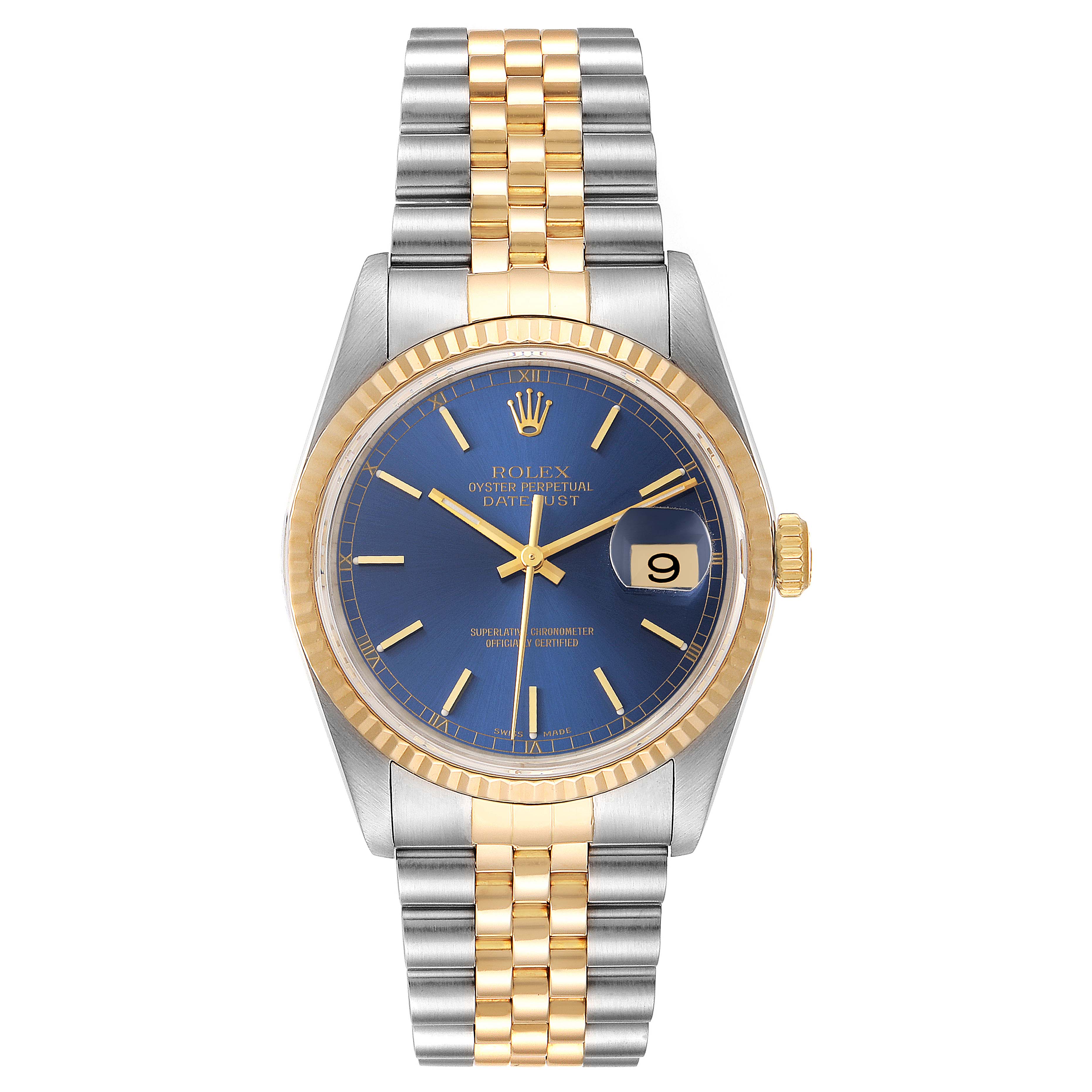 This is a front view of a Rolex Datejust 16233 Men's Steel and Gold (two tone) Blue Dial 16233 Men's Steel and Gold (two tone) Blue Dial watch, showing the dial, bezel, and bracelet.