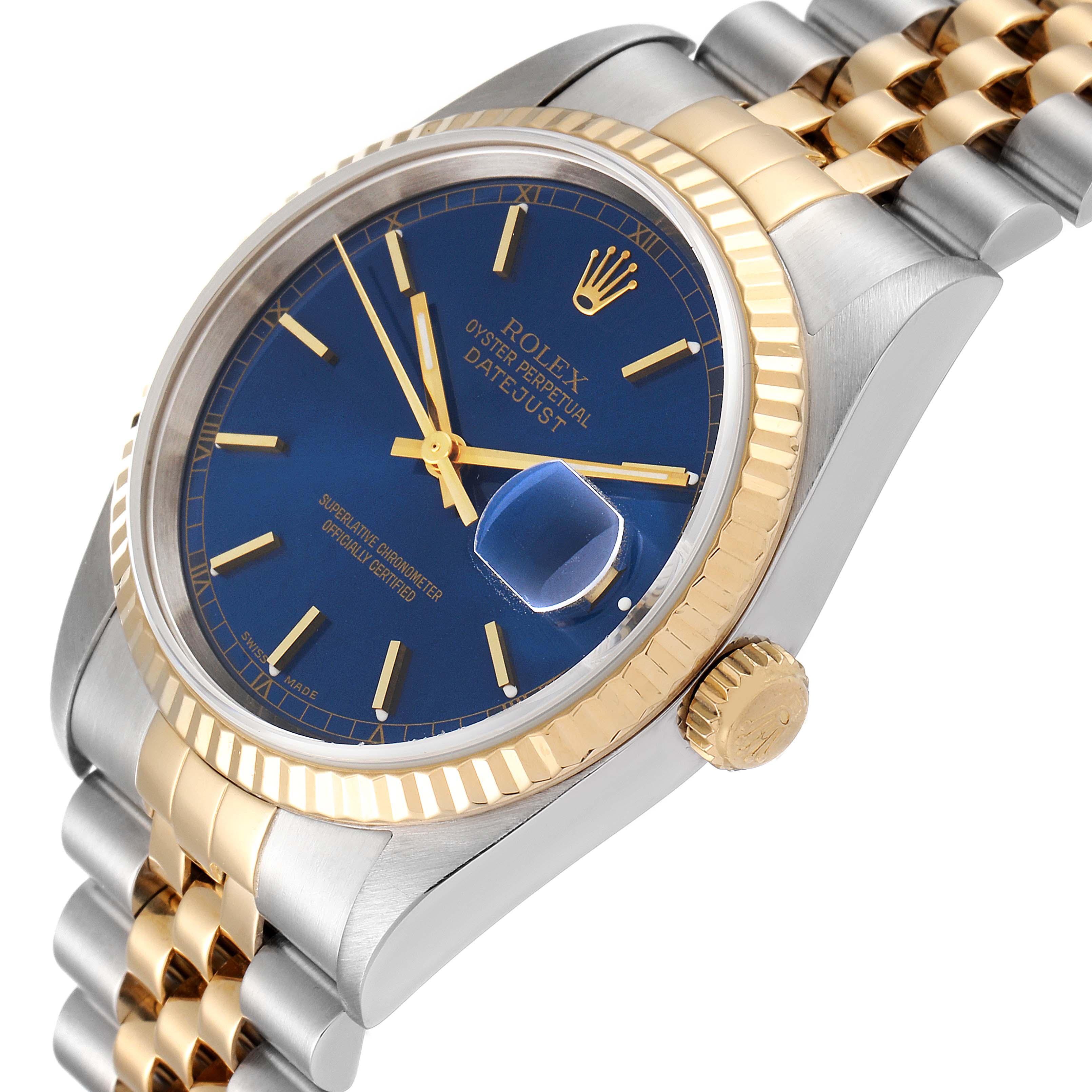 The Rolex Datejust 16233 Men's Steel and Gold (two tone) Blue Dial 16233 Men's Steel and Gold (two tone) Blue Dial watch is shown at a tilted angle, displaying the dial, bezel, crown, and part of the bracelet.