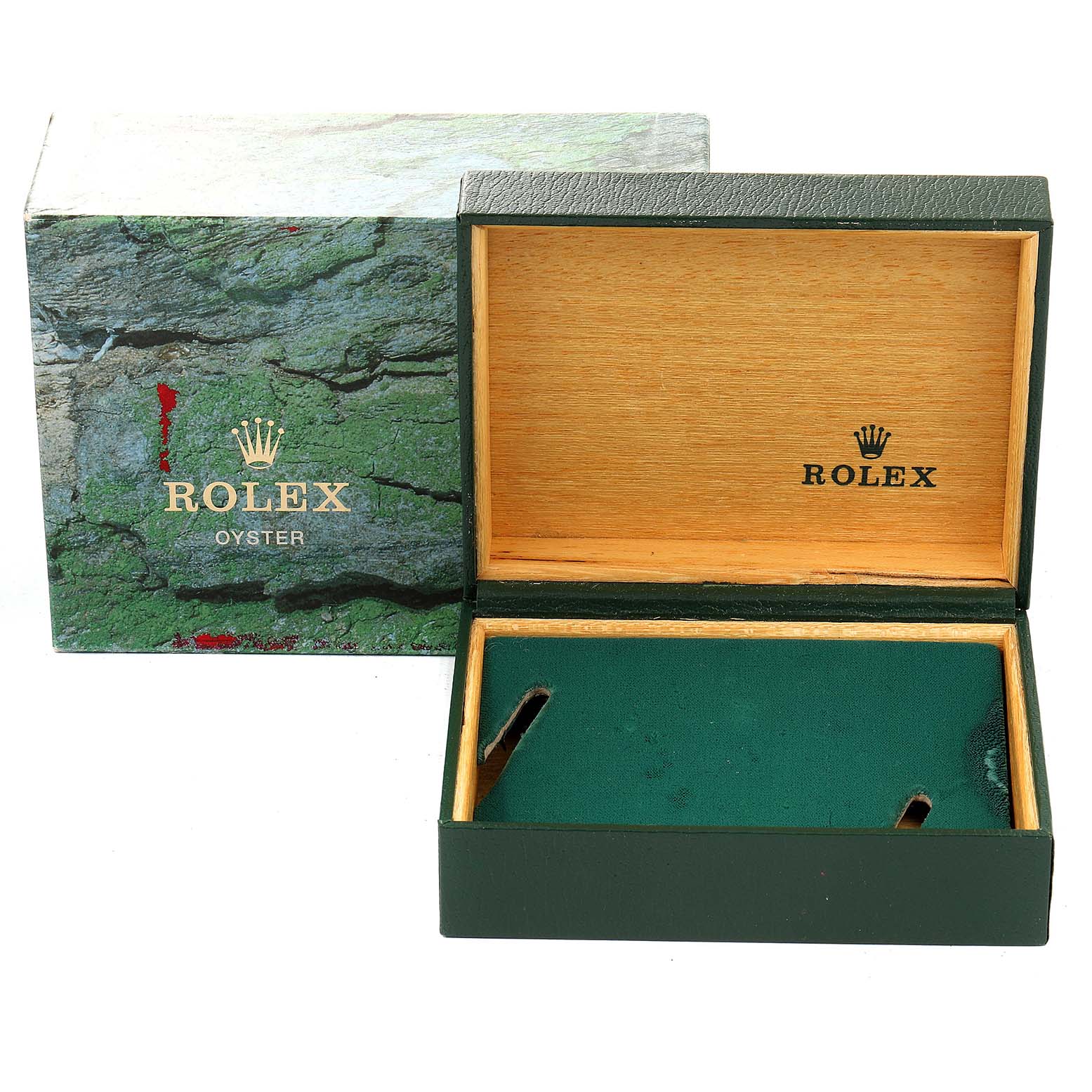 The image shows an open Rolex Datejust 16233 Men's Steel and Gold (two tone) Blue Dial 16233 Men's Steel and Gold (two tone) Blue Dial watch box with a green and wood interior, and a matching outer box.