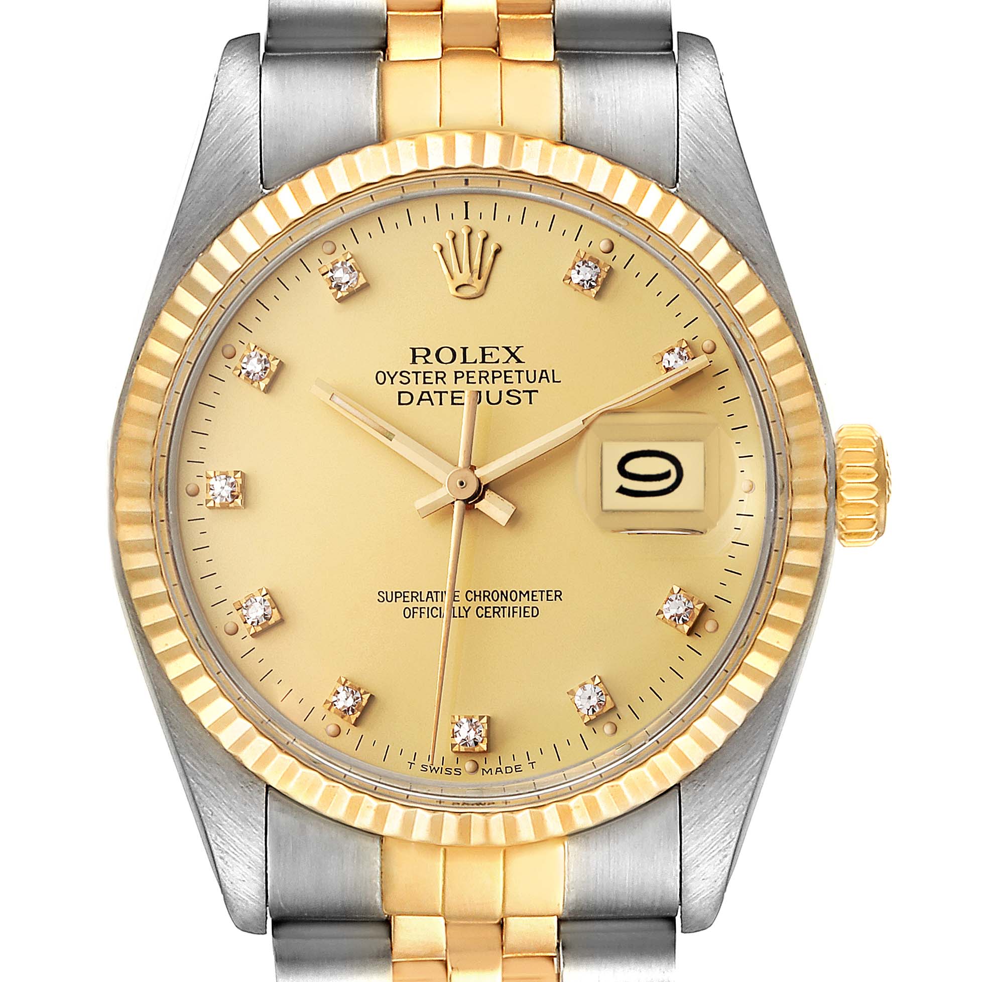 This image shows a front view of the Rolex Datejust 16013 Men
s Steel and Gold (two tone) Champagne Dial 16013 Men
s Steel and Gold (two tone) Champagne Dial watch with its gold bezel, yellow gold dial, and two-tone Jubilee bracelet.