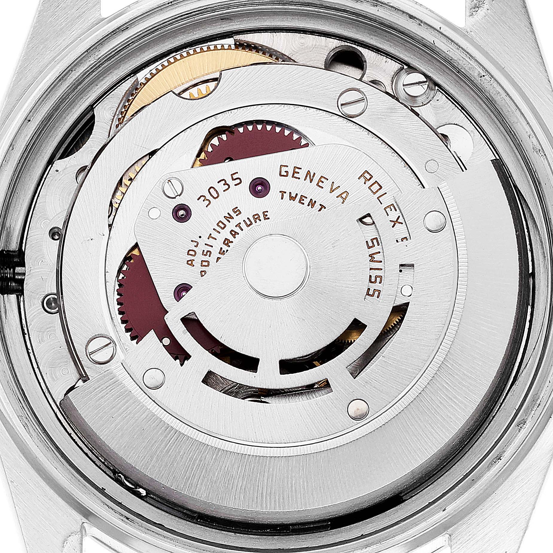 The image shows the movement and inner mechanism of the Rolex Datejust 16013 Men
s Steel and Gold (two tone) Champagne Dial 16013 Men
s Steel and Gold (two tone) Champagne Dial model watch from a rear angle.