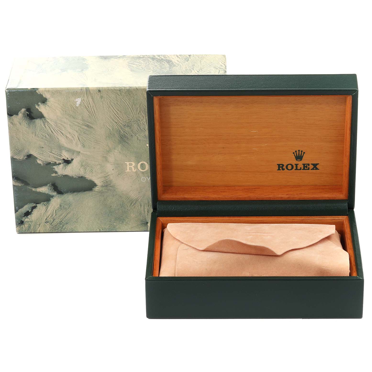 The image shows a Rolex Datejust 16013 Men
s Steel and Gold (two tone) Champagne Dial 16013 Men
s Steel and Gold (two tone) Champagne Dial watch box and its outer packaging, with the lid open, revealing the interior lining and pillow.