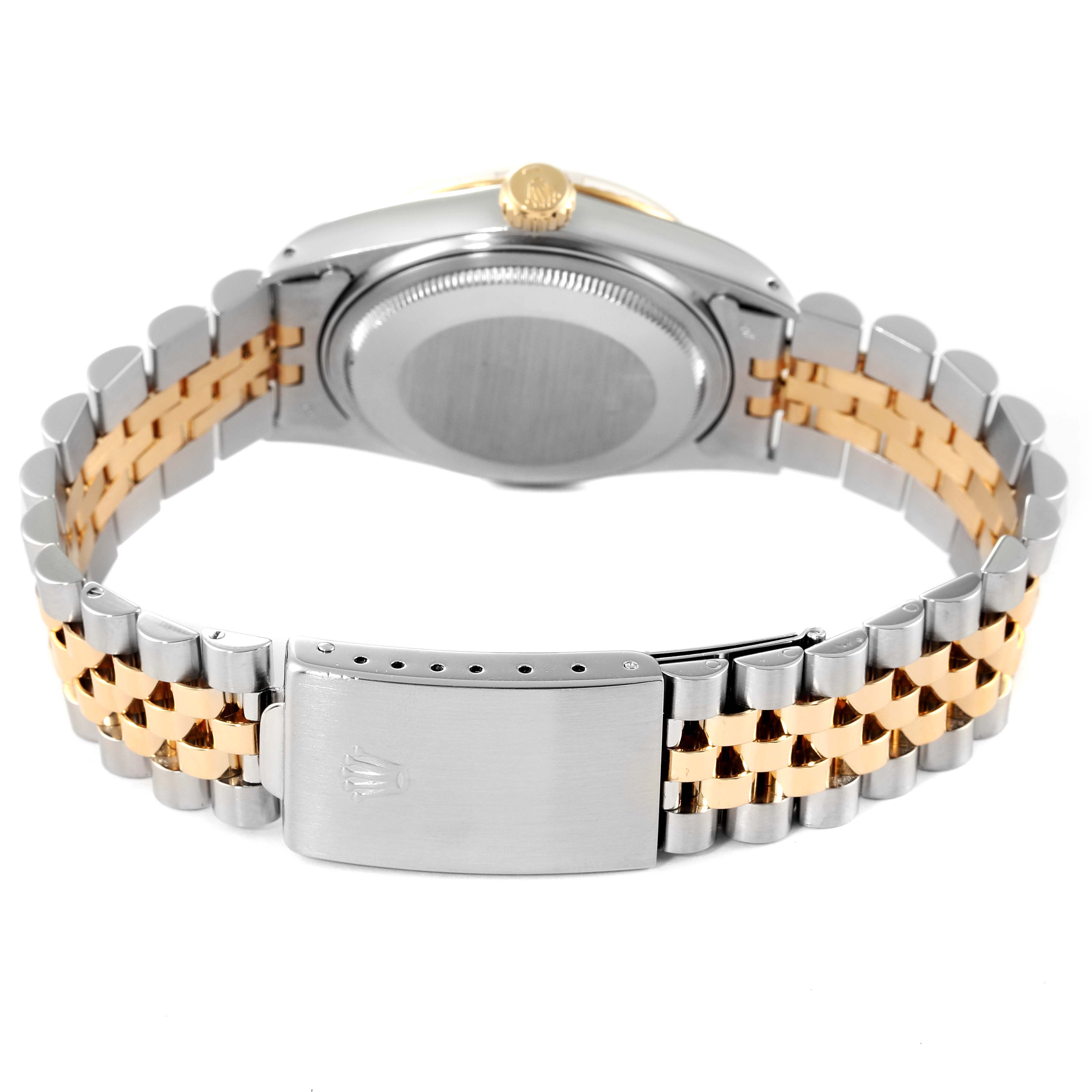 The image shows the back view of a Rolex Datejust 16013 Men
s Steel and Gold (two tone) Champagne Dial 16013 Men
s Steel and Gold (two tone) Champagne Dial watch highlighting its two-tone bracelet and clasp.