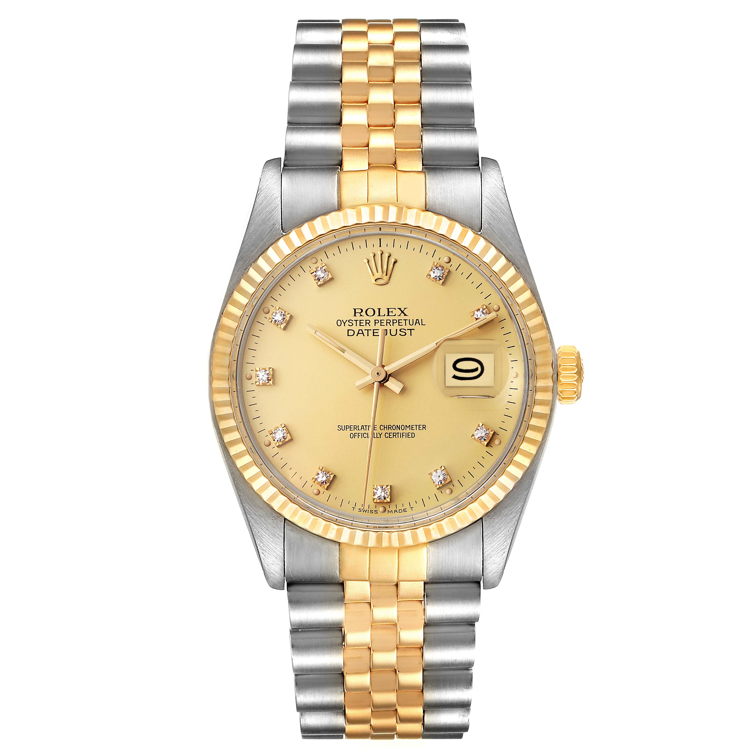 The image shows a Rolex Datejust 16013 Men
s Steel and Gold (two tone) Champagne Dial 16013 Men
s Steel and Gold (two tone) Champagne Dial watch from a front angle, displaying its dial, bezel, and bracelet.