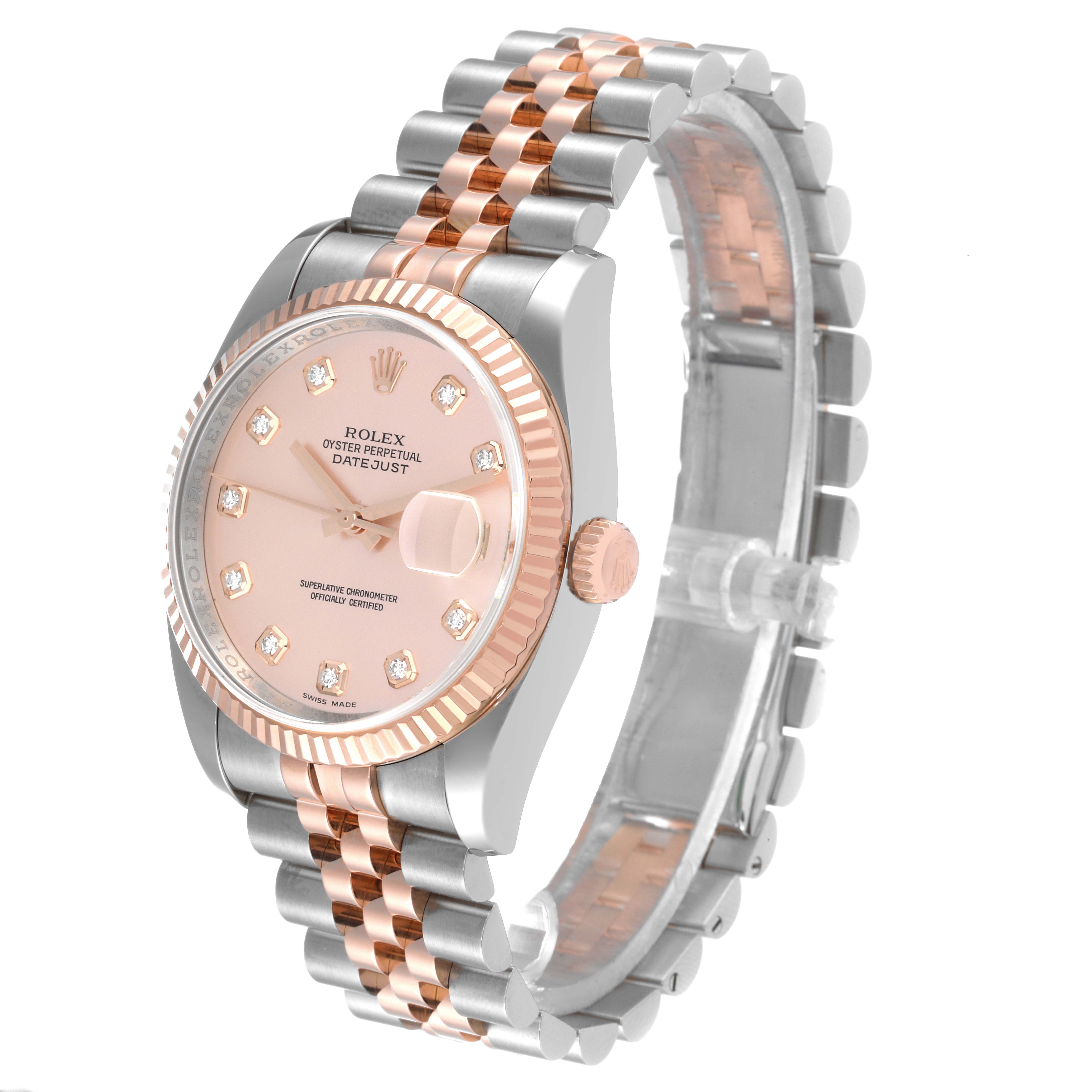 The Rolex Datejust 116231 Men's Steel and Gold (two tone) Pink Dial 116231 Men's Steel and Gold (two tone) Pink Dial watch is shown at an angled view displaying its dial, bezel, crown, and two-tone bracelet.