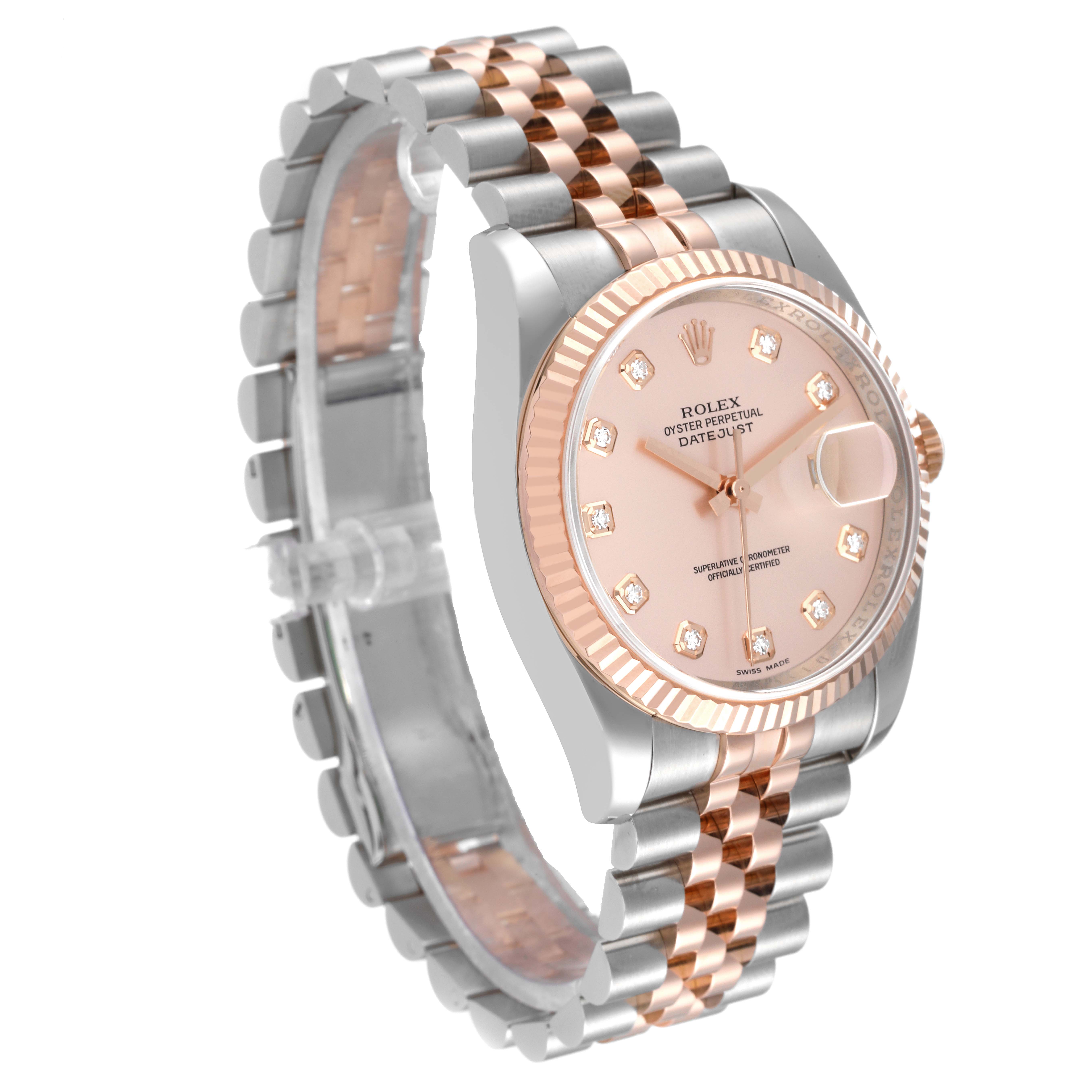 This image shows a Rolex Datejust 116231 Men's Steel and Gold (two tone) Pink Dial 116231 Men's Steel and Gold (two tone) Pink Dial watch angled to display its face, bezel, jubilee bracelet, and crown.
