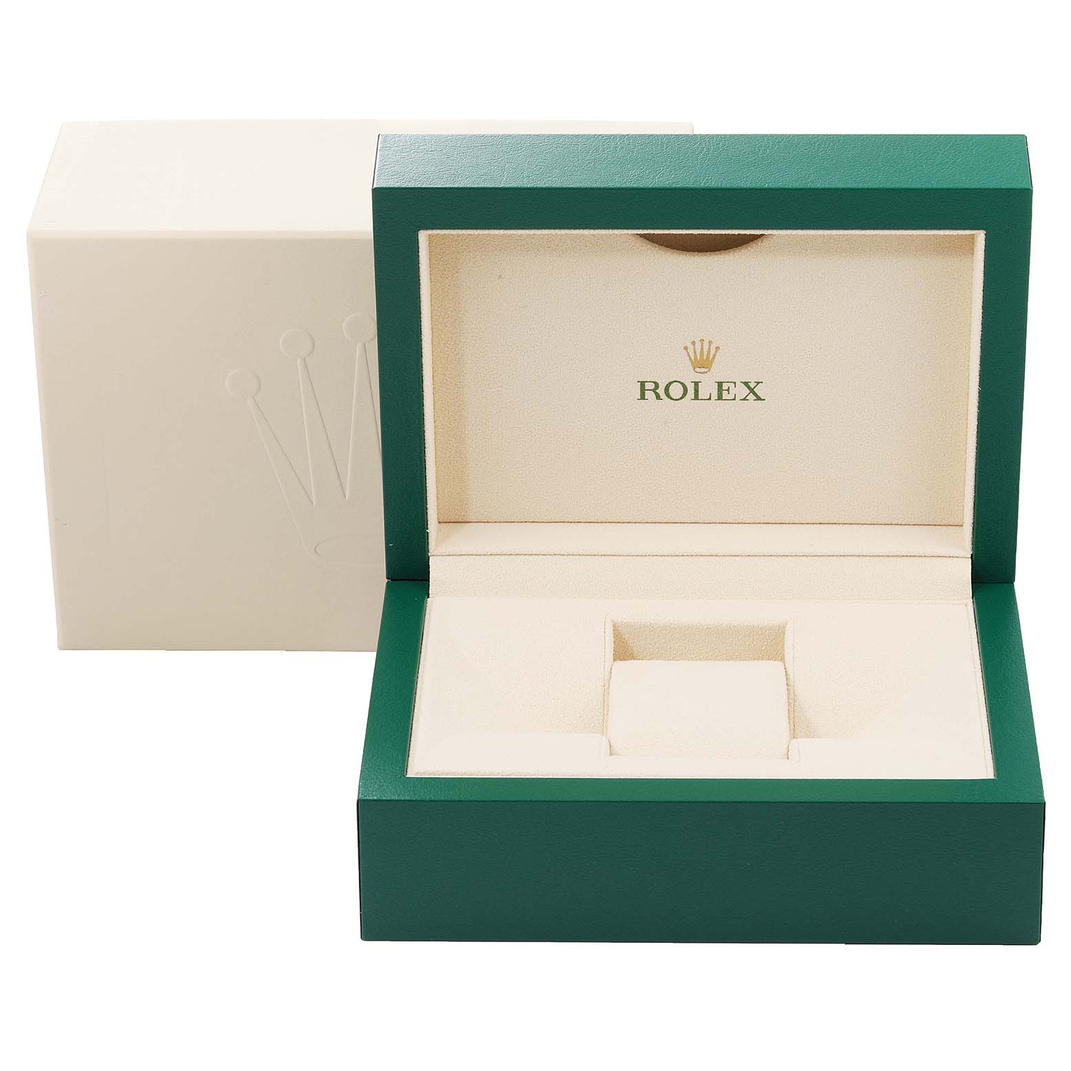 The image shows a green and beige Rolex watch box for the Datejust model, with the outer packaging visible in the background.