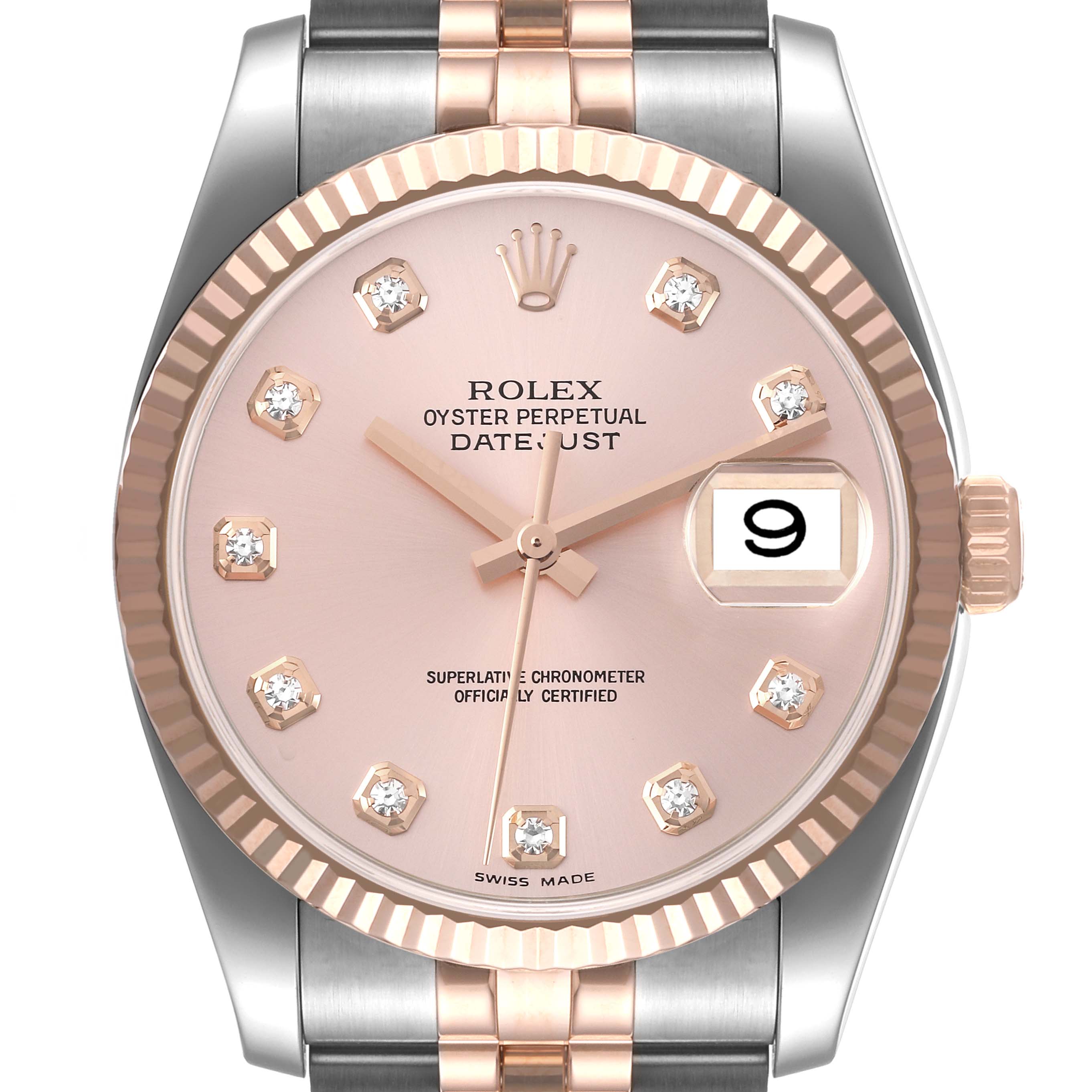 The image shows a front view of the Rolex Datejust 116231 Men's Steel and Gold (two tone) Pink Dial 116231 Men's Steel and Gold (two tone) Pink Dial watch, highlighting its pink dial, date window, and two-tone bracelet.