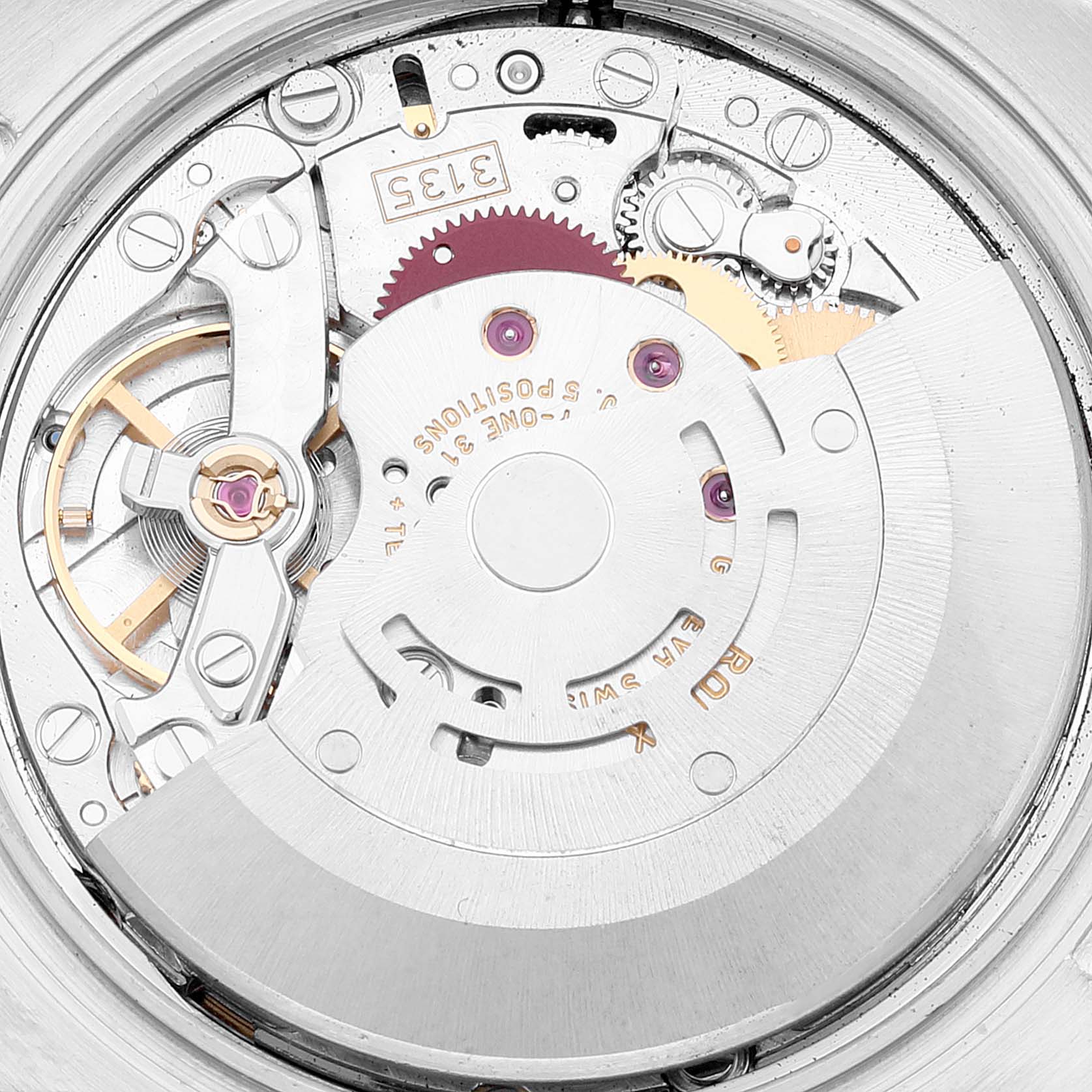 This image shows the intricate internal mechanical movement of the Rolex Datejust 116231 Men's Steel and Gold (two tone) Pink Dial 116231 Men's Steel and Gold (two tone) Pink Dial watch from a top-down perspective.