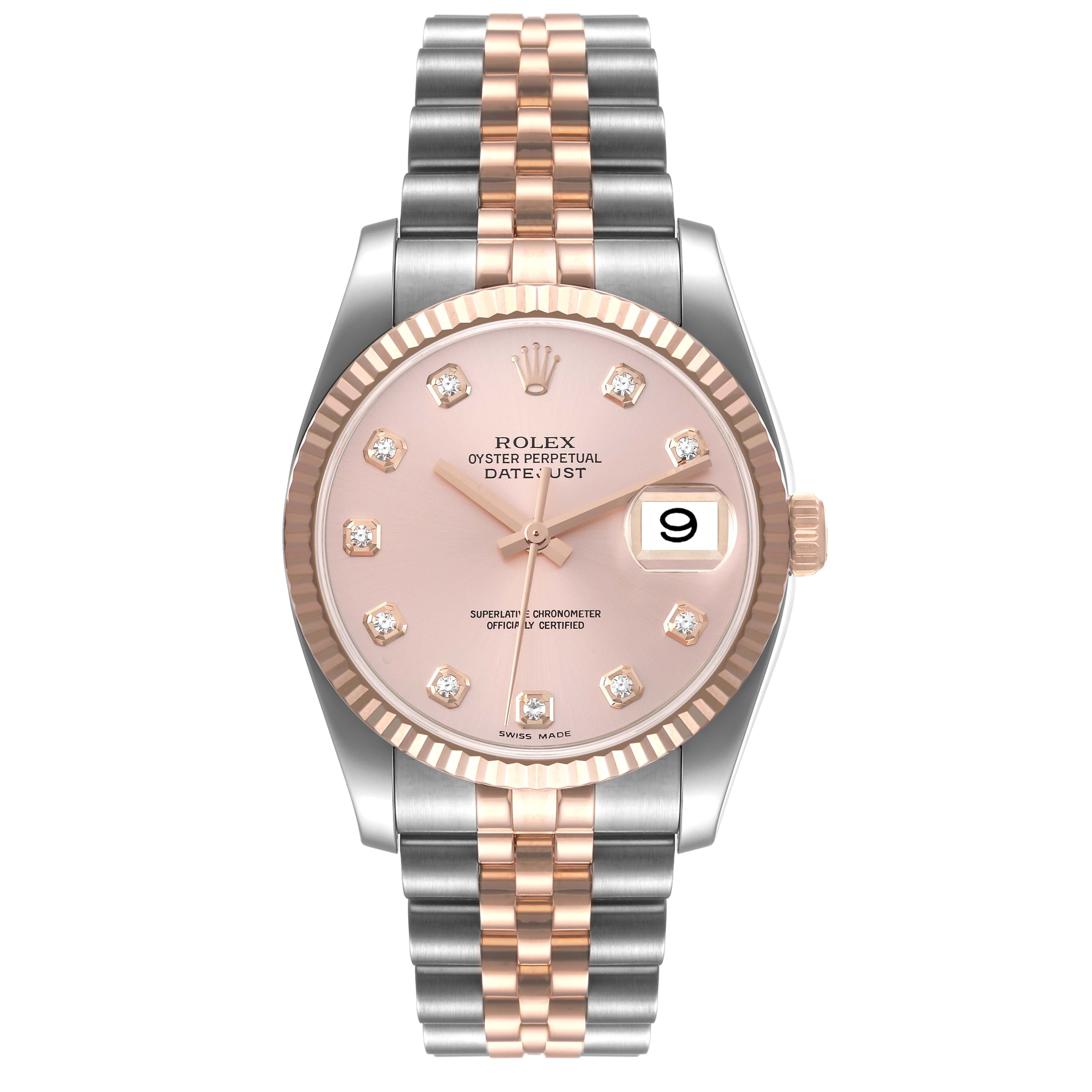 This is a front view of a Rolex Datejust 116231 Men's Steel and Gold (two tone) Pink Dial 116231 Men's Steel and Gold (two tone) Pink Dial watch, showcasing its dial, bezel, and jubilee bracelet.