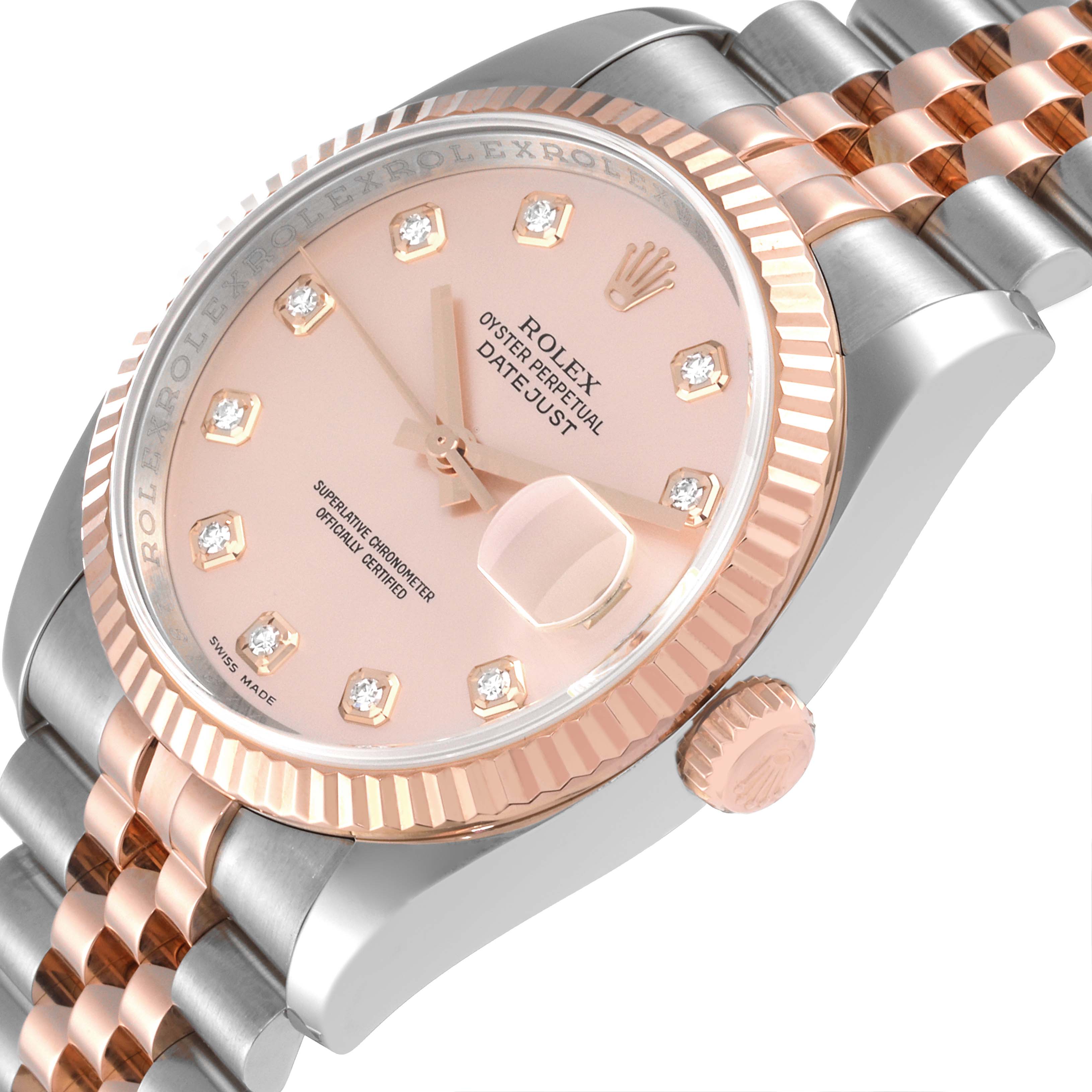 The Rolex Datejust 116231 Men's Steel and Gold (two tone) Pink Dial 116231 Men's Steel and Gold (two tone) Pink Dial watch is shown at a tilted angle, displaying its dial, bezel, crown, and part of the bracelet.