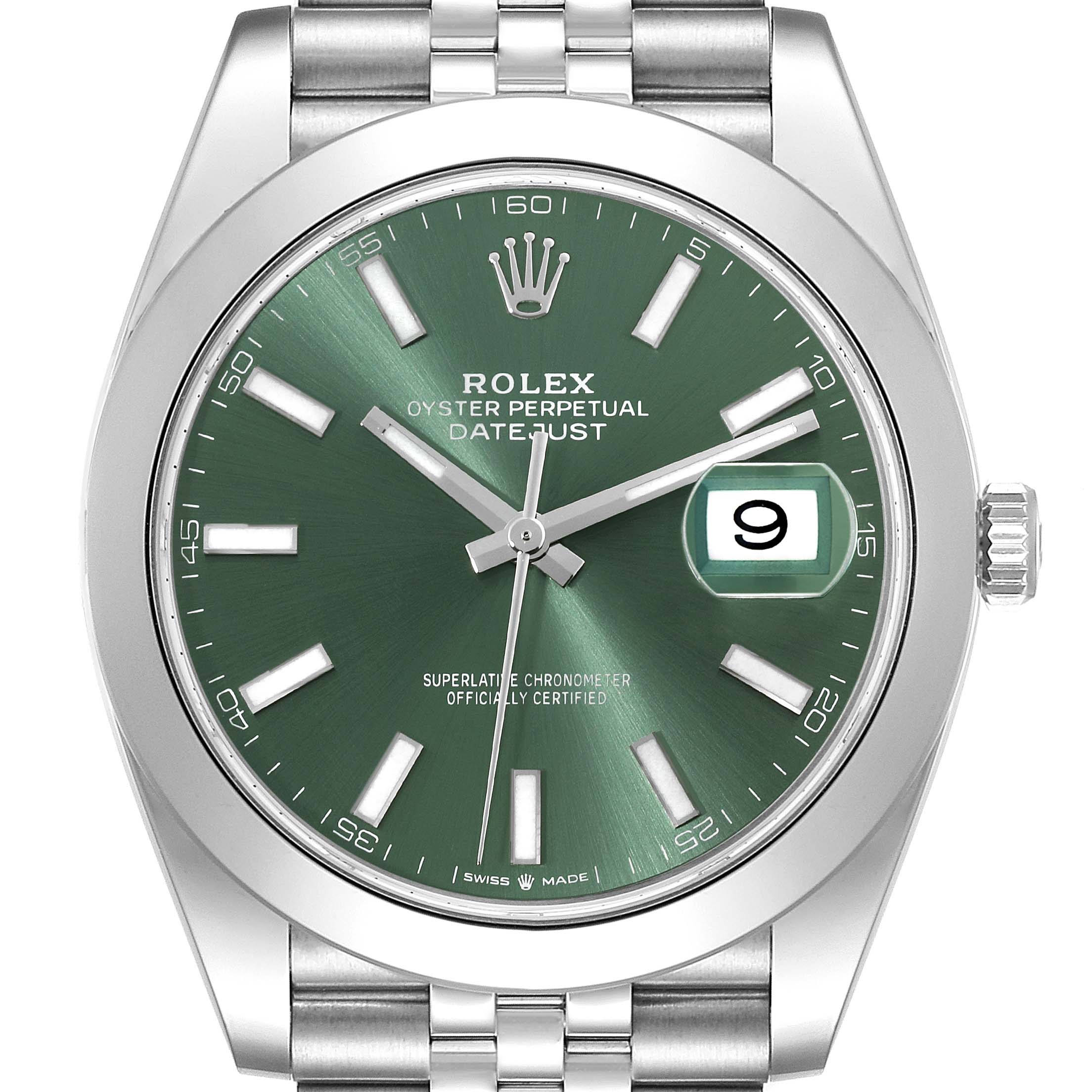 The Rolex Datejust 41 126300 Men
s Stainless Steel Green Dial 126300 Men
s Stainless Steel Green Dial watch is shown from a front angle, displaying the green dial, date window, and bracelet.
