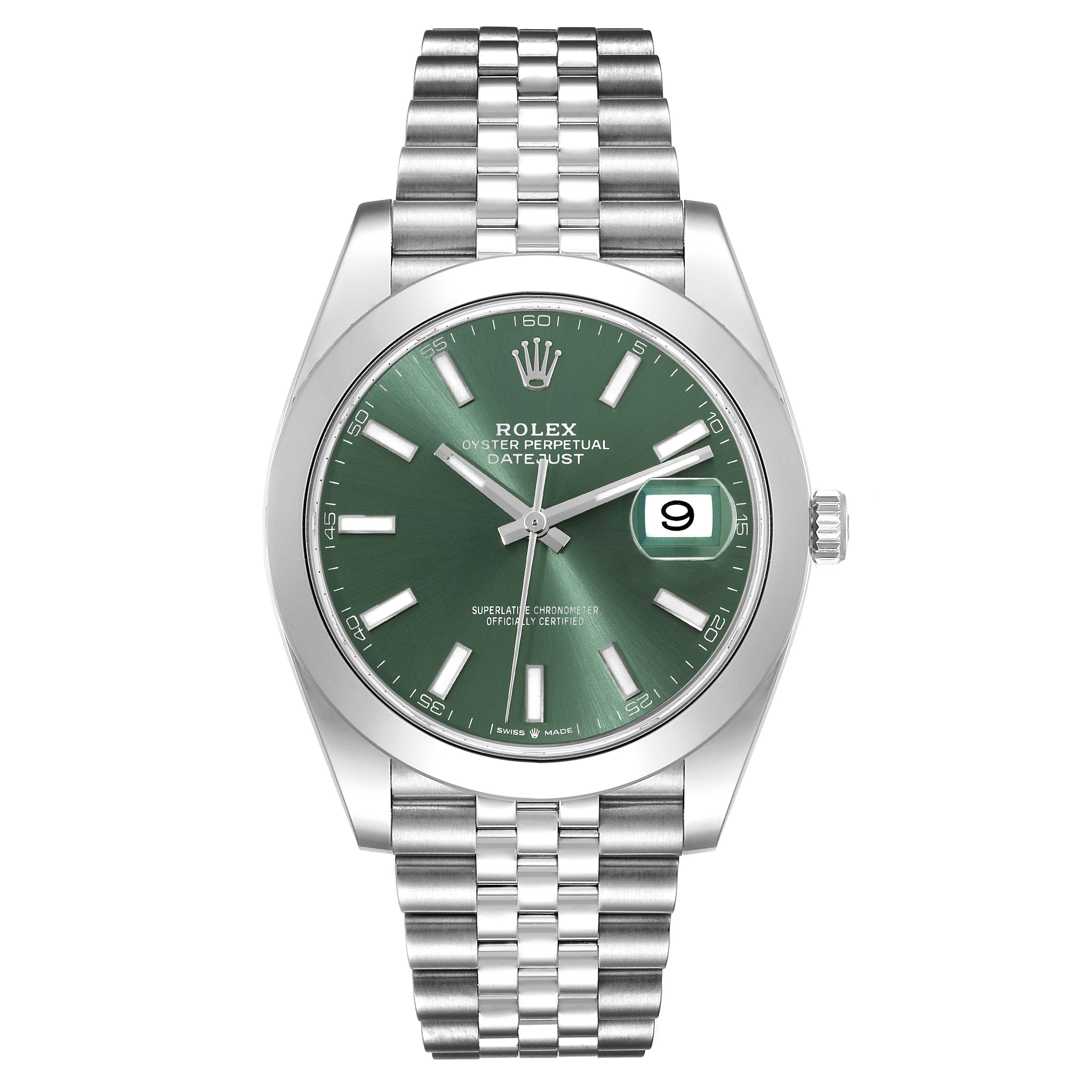 The image shows a front view of the Rolex Datejust 41 126300 Men
s Stainless Steel Green Dial 126300 Men
s Stainless Steel Green Dial watch, highlighting its green dial, date window, and Jubilee bracelet.
