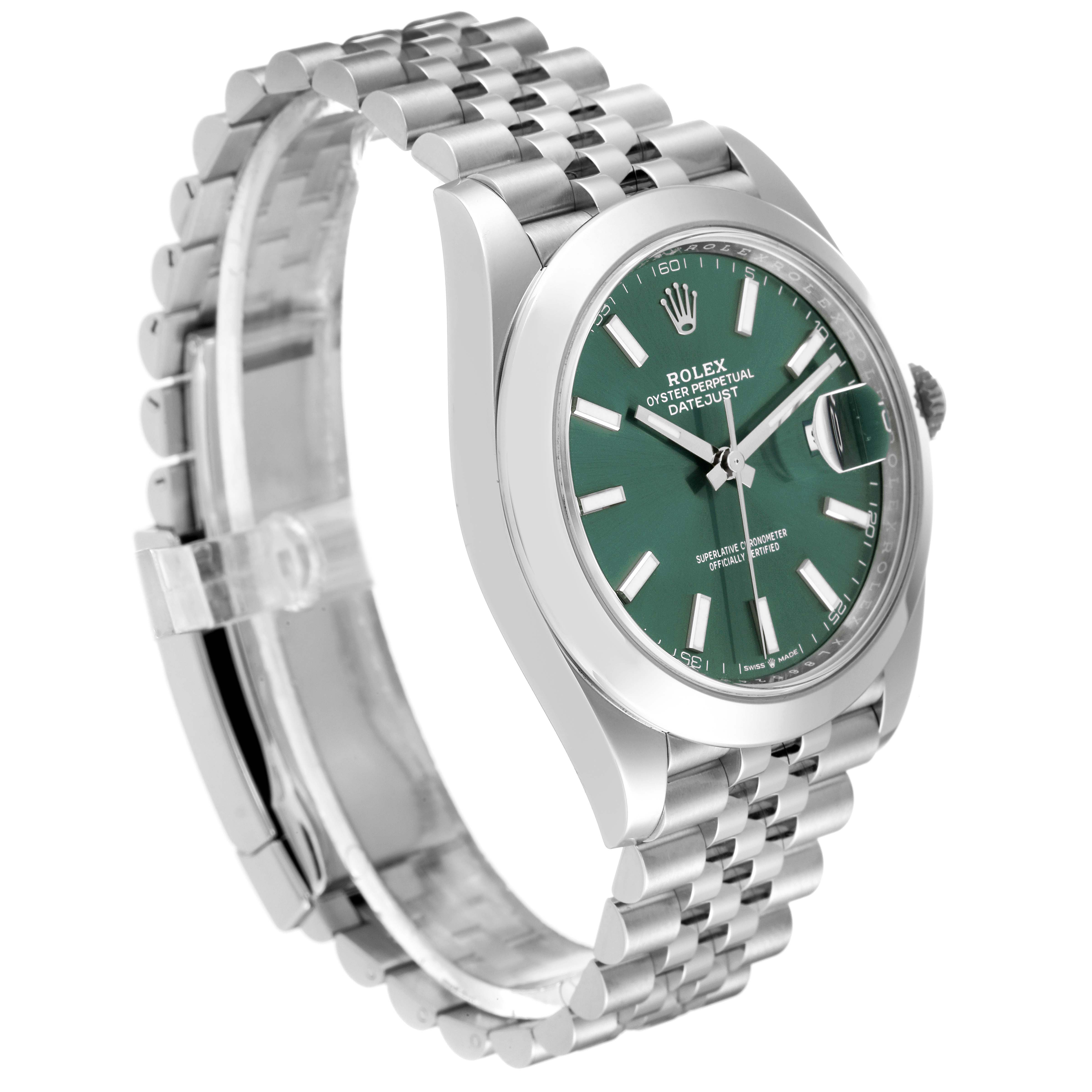This image shows a side angle of the Rolex Datejust 41 126300 Men
s Stainless Steel Green Dial 126300 Men
s Stainless Steel Green Dial watch, highlighting its green dial, jubilee bracelet, and stainless steel case.