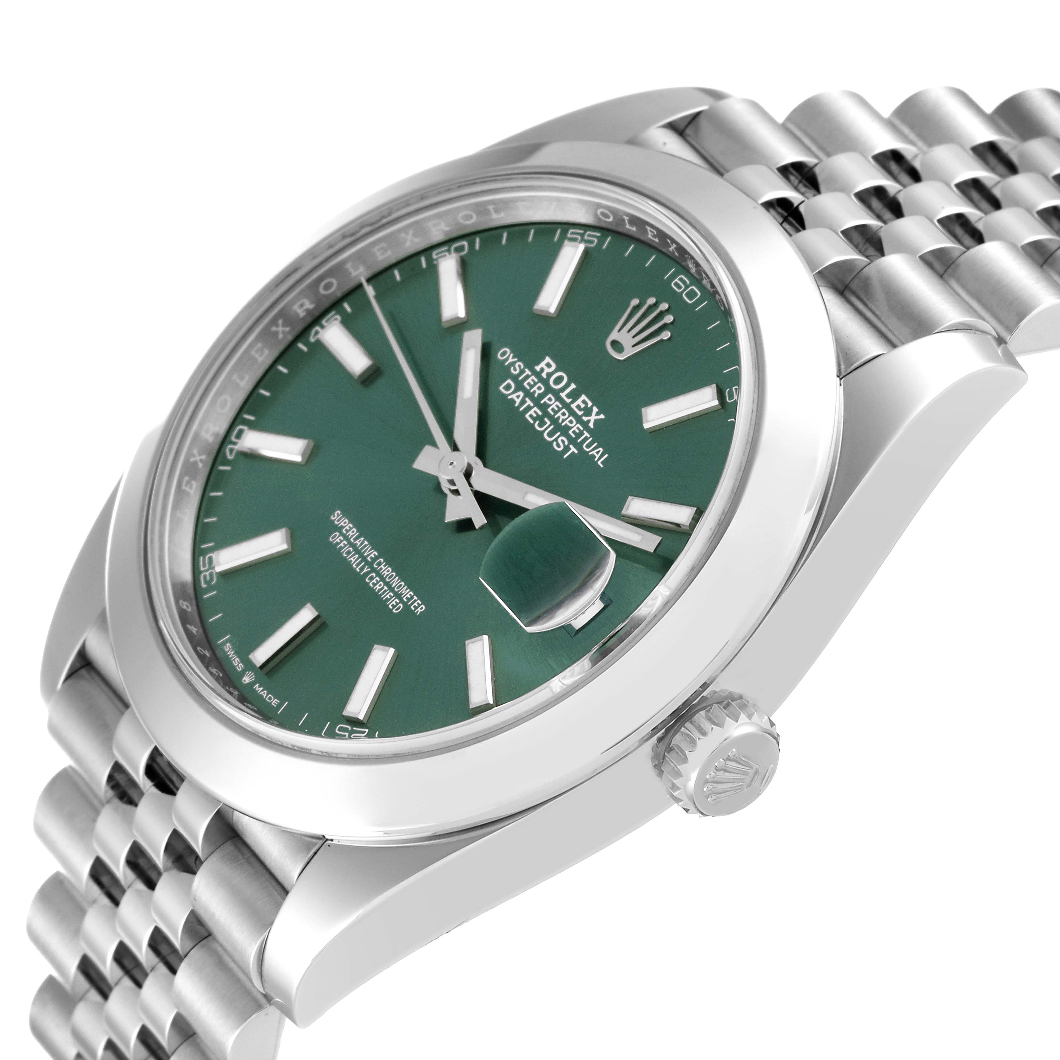 The image showcases a Rolex Datejust 41 126300 Men
s Stainless Steel Green Dial 126300 Men
s Stainless Steel Green Dial model at an oblique angle, highlighting its green dial, date magnifier, and stainless steel bracelet.