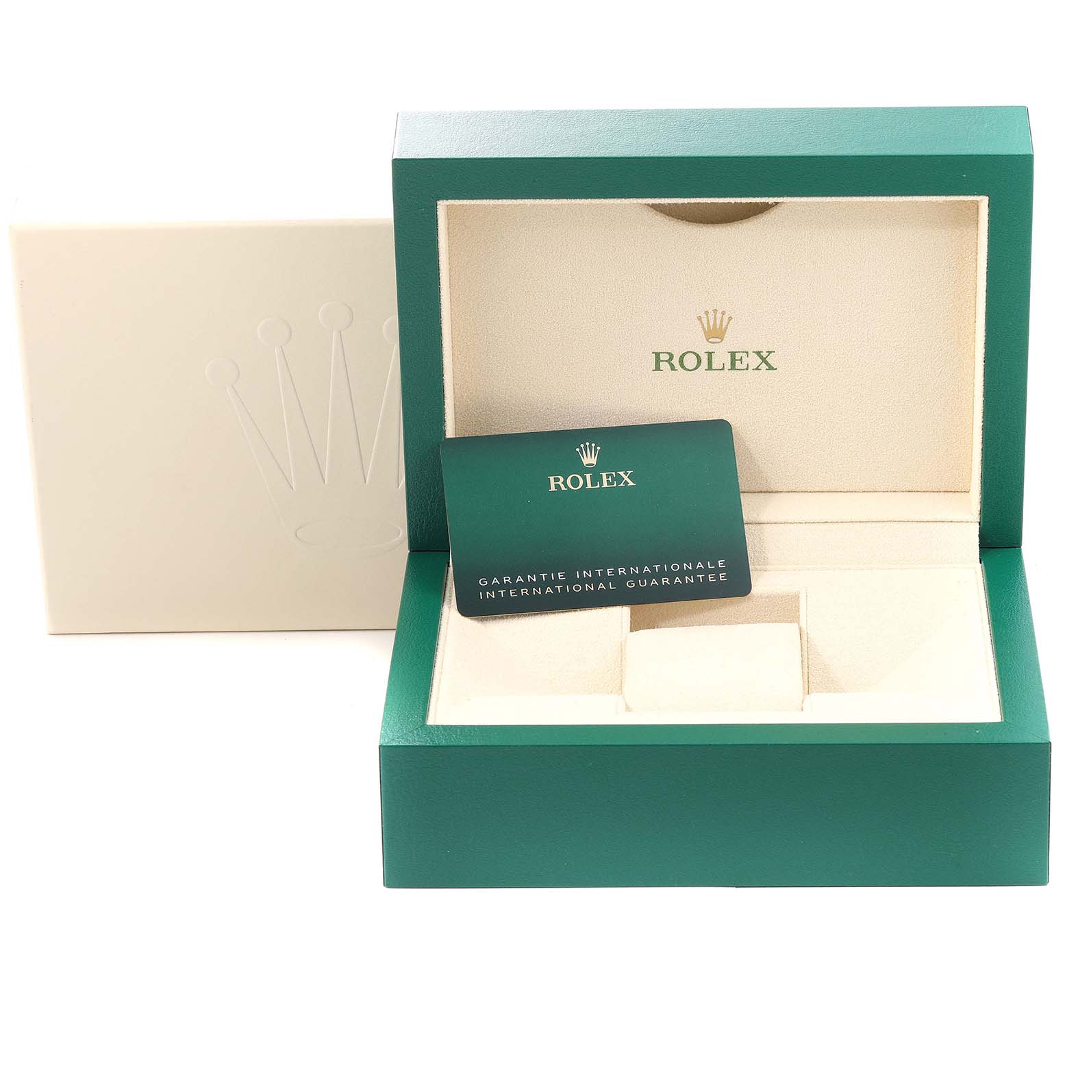 The image shows an open packaging box and guarantee card for a Rolex Datejust 41 126300 Men
s Stainless Steel Green Dial 126300 Men
s Stainless Steel Green Dial watch.